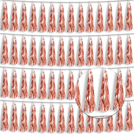 4P Rose Gold Foil Fringe Tassel Banner Garland Metallic Tinsel Streamers Wall Hanging Curtain Backdrop Banner for Parade Floats, 2024 Graduation Decorations, Wedding Party Decoration