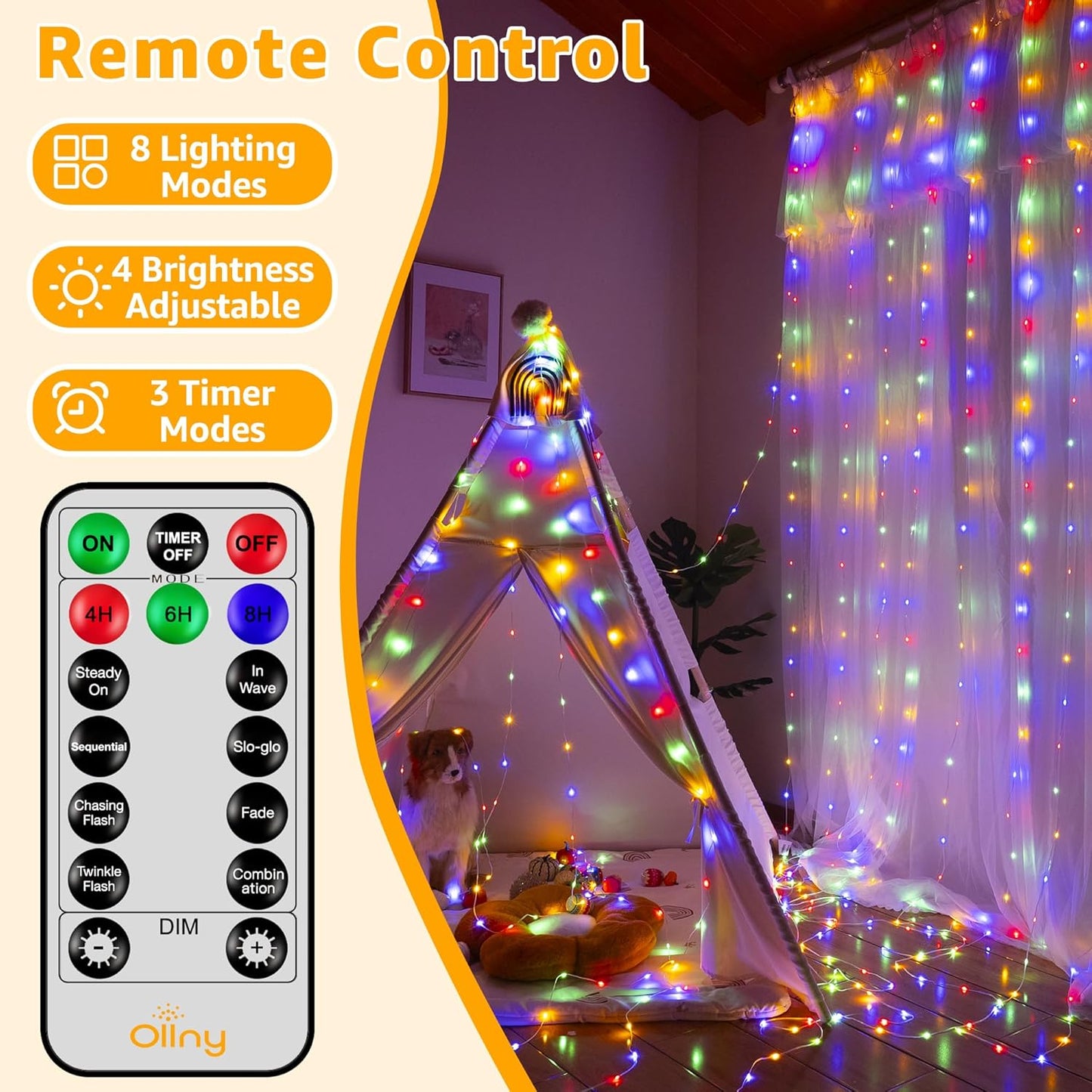 Ollny Curtain Lights 300 LED 9.8FT x 9.8FT, Connectable IP67 Waterproof Outdoor Christmas Curtain Lights with Remote, Plug-in Untangle Fairy Lights with 8 Modes&Timers for House Decor(Multicolored)