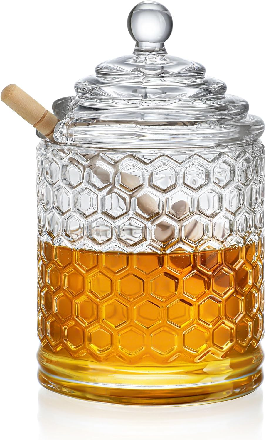 kanpura Clear Crystal Honey Pot with Dipper and Lid Glass Honey Jar with Dispenser Honey Holder and Syrup Container for Home Kitchen,9 oz