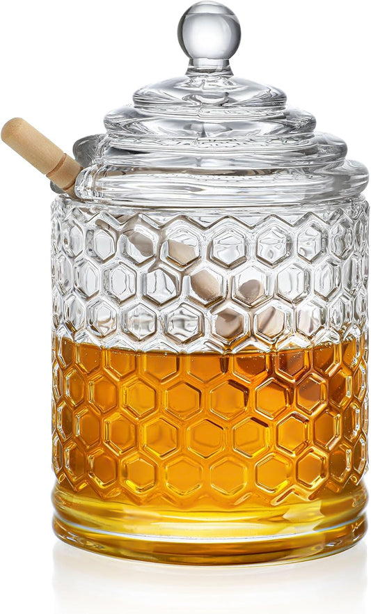 kanpura Clear Crystal Honey Pot with Dipper and Lid Glass Honey Jar with Dispenser Honey Holder and Syrup Container for Home Kitchen,9 oz