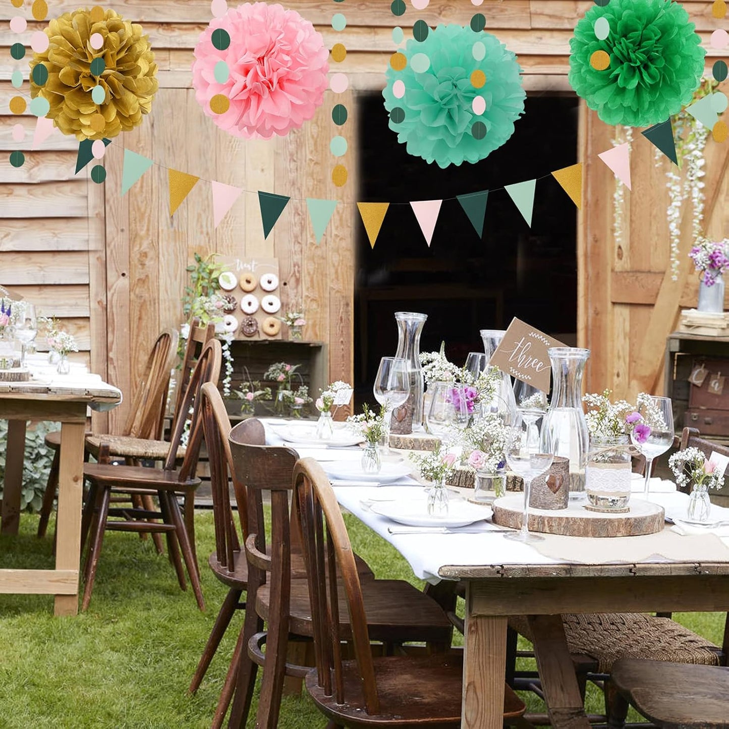 Sage-Green Pink-Gold Baby Bridal-Shower Decorations - 30pcs Rustic Wedding Tissue Pom Poms,Tassel Garland Banner,Birthday Bachelorette Engagement Valentines Mothers Day Party Decor Lasting Surprise