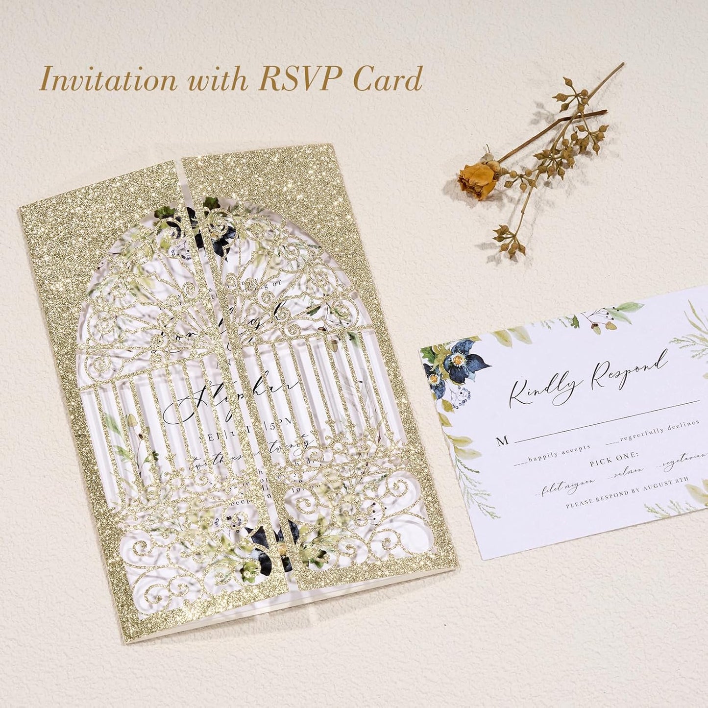25Pcs Light Gold Glitter Laser Cut Wedding Invitation Kits with Envelopes and RSVP Cards Personalized Invitations for Sweet 16 Baby Bridal Shower Engagement Quinceanera Invite