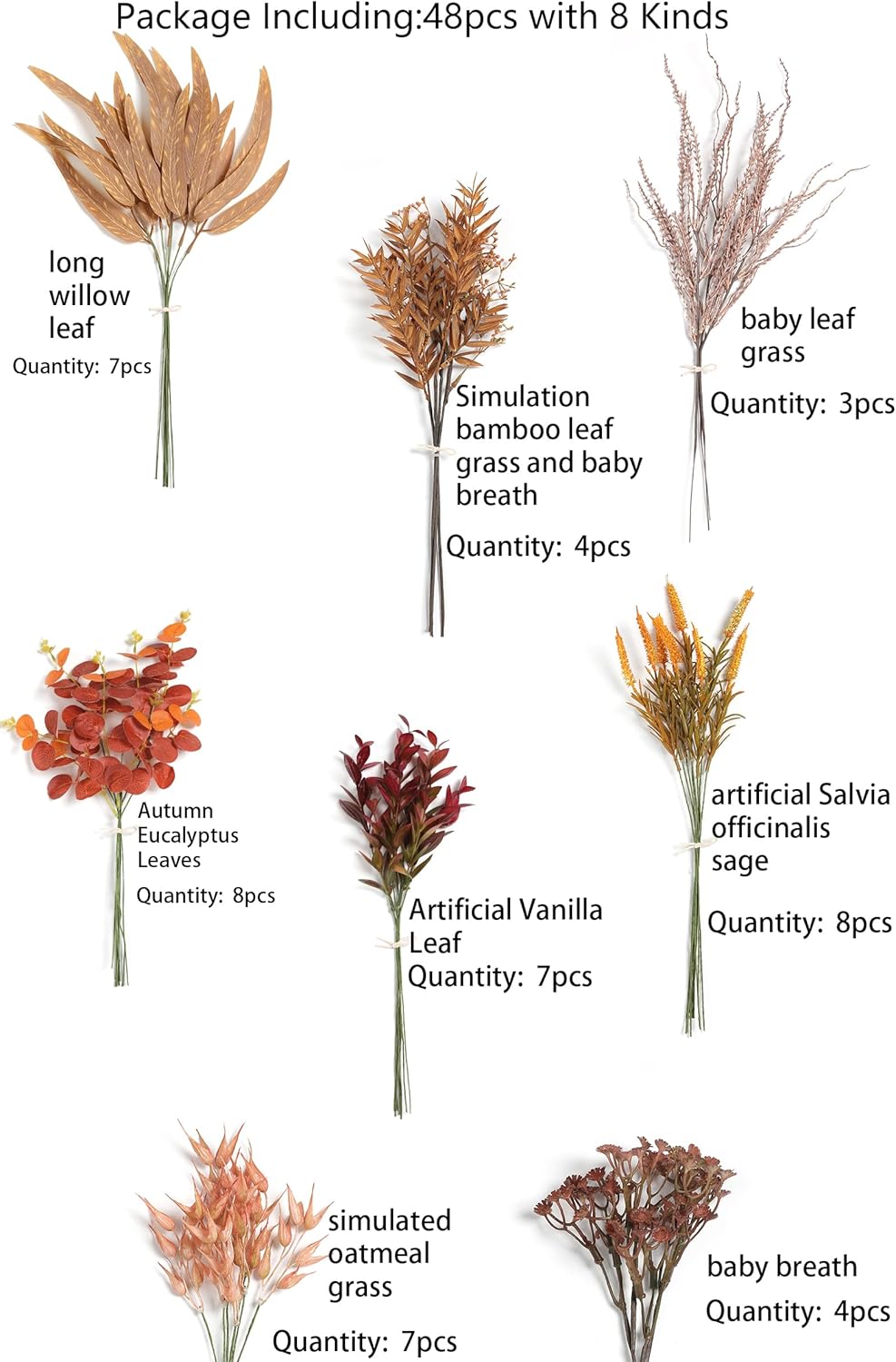 Serra Flora Artificial Greenery Stems Filler Combo Box Set,48pcs with 8 Kinds of Faux Foliage Picks for DIY Bridal Bouquets Wedding Flowers Arrangement Party Table Centerpieces