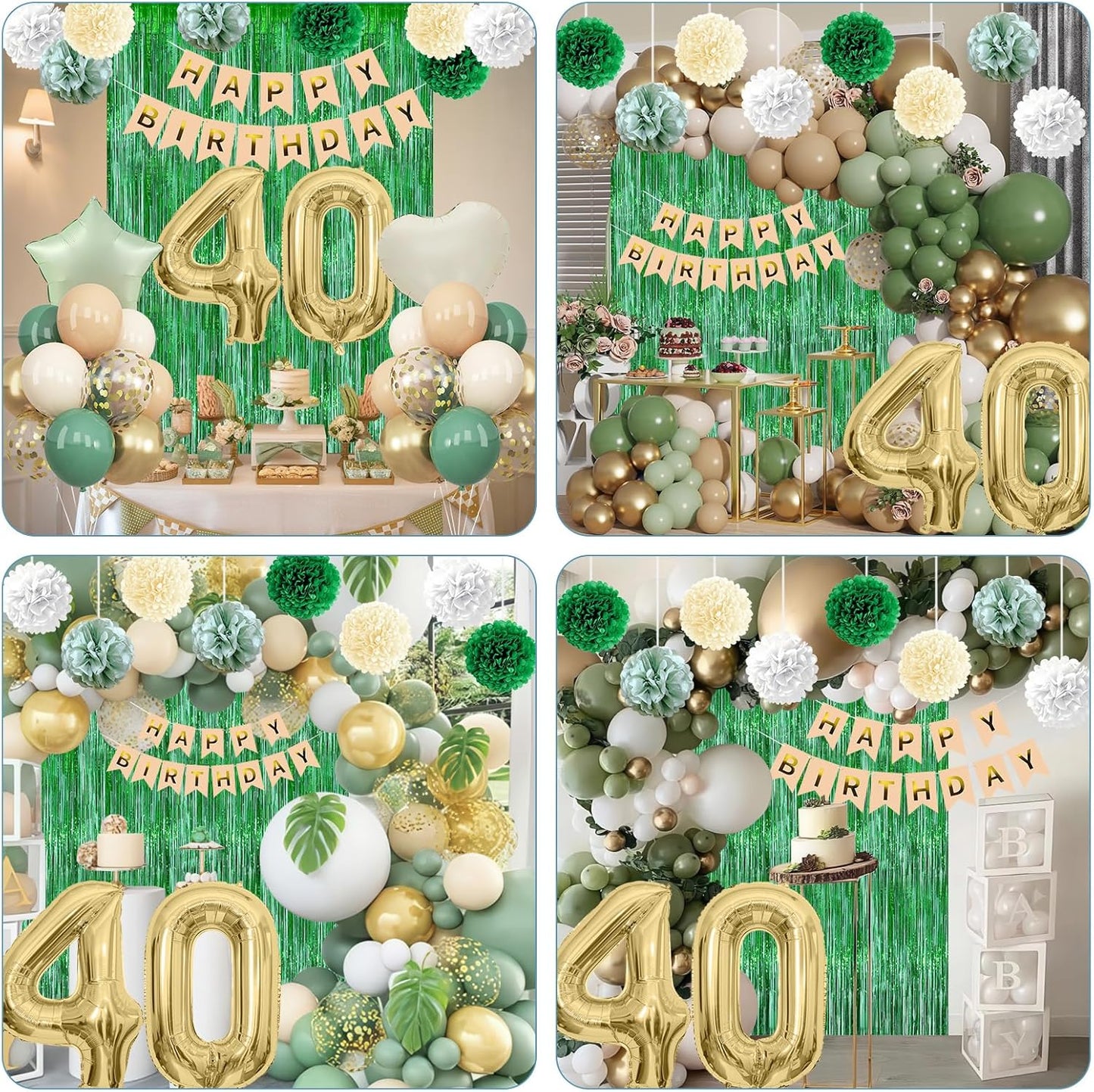 Sage Green 40th Birthday Decorations for Men Gold Number 40 Balloon Nude Gold Happy Birthday Banner Fringe Curtain Paper Pom Poms Olive Green Cream White Sand Star Foil Balloons Party Decor