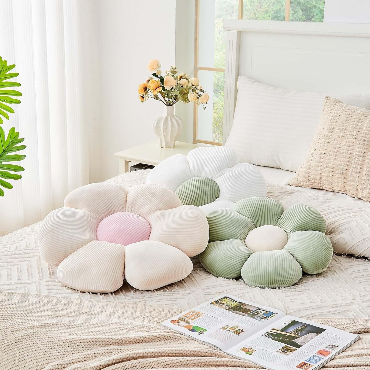 Beige Flower Pillow, 17.7" Cute Flower Shaped Floor Pillow, Aesthetic Floral Plush Daisy Decorative Throw Pillows for Bed Sofa Couch