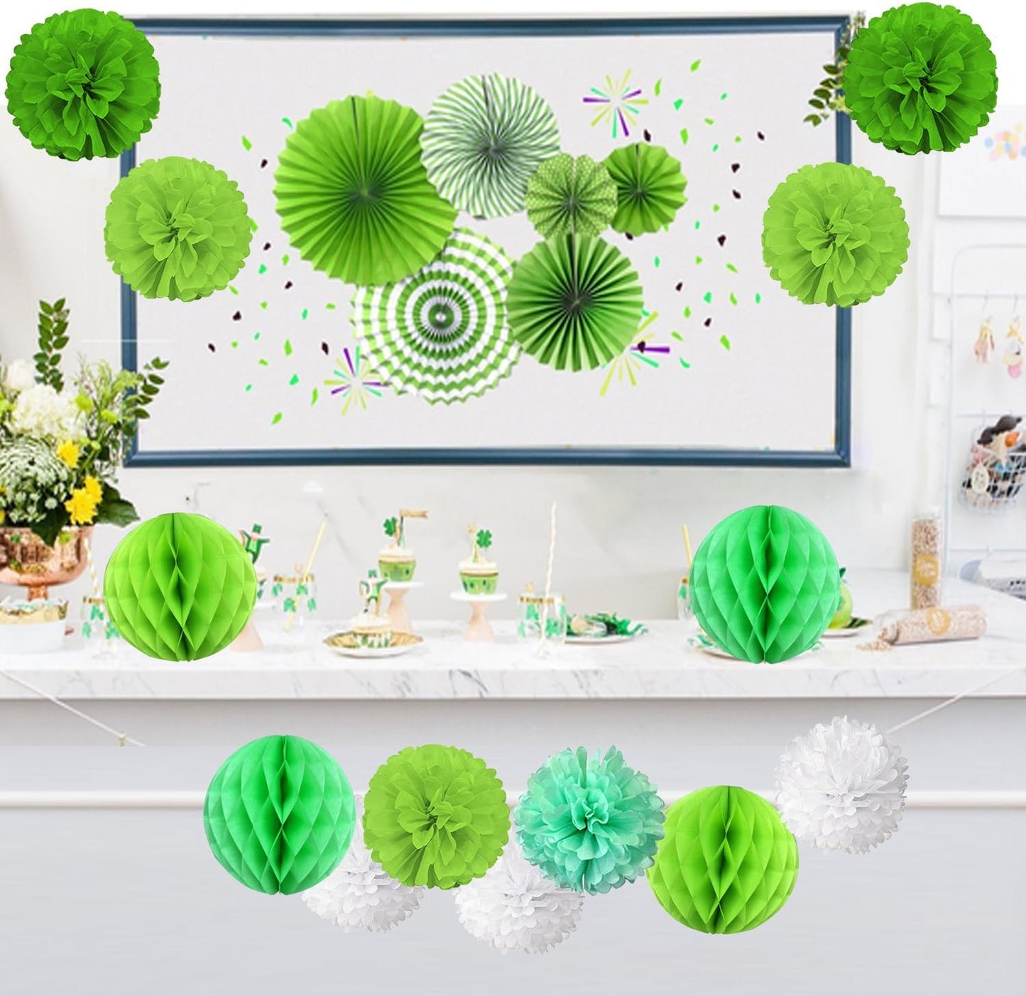 Hanging Paper Fan Set, Tissue Paper Pom Poms Flower Fan and Honeycomb Balls for Birthday Baby Shower Wedding Festival Decorations - Green