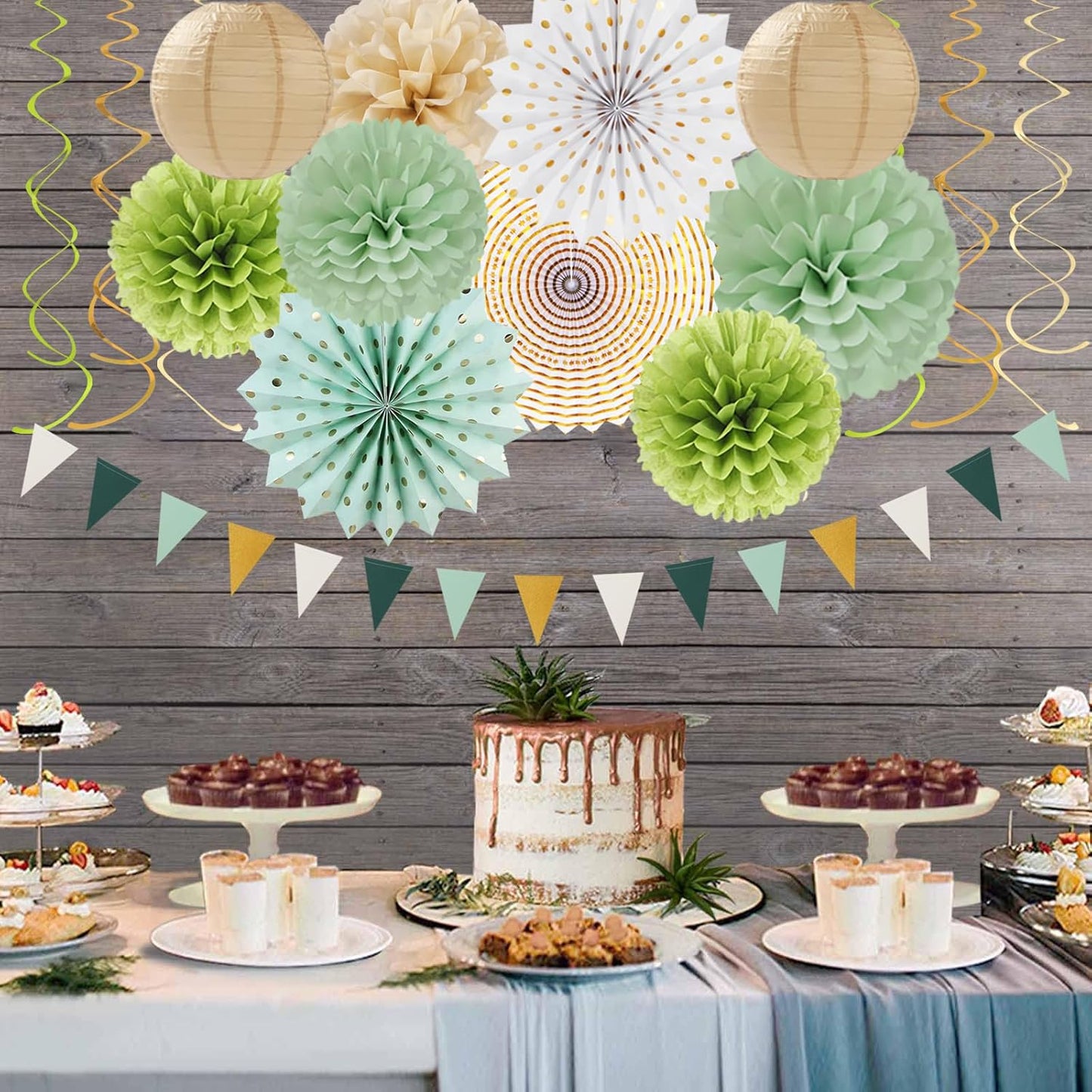 Sage-Olive Green Gold Brown Boho Party-Decorations - 33pcs Paper Lanterns Fan, Banner,Streamers Tassel Garland,Tissue Pom Poms,Baby Bridal Shower Birthday Wedding Bachelorette Engagement Decor Hugtmr