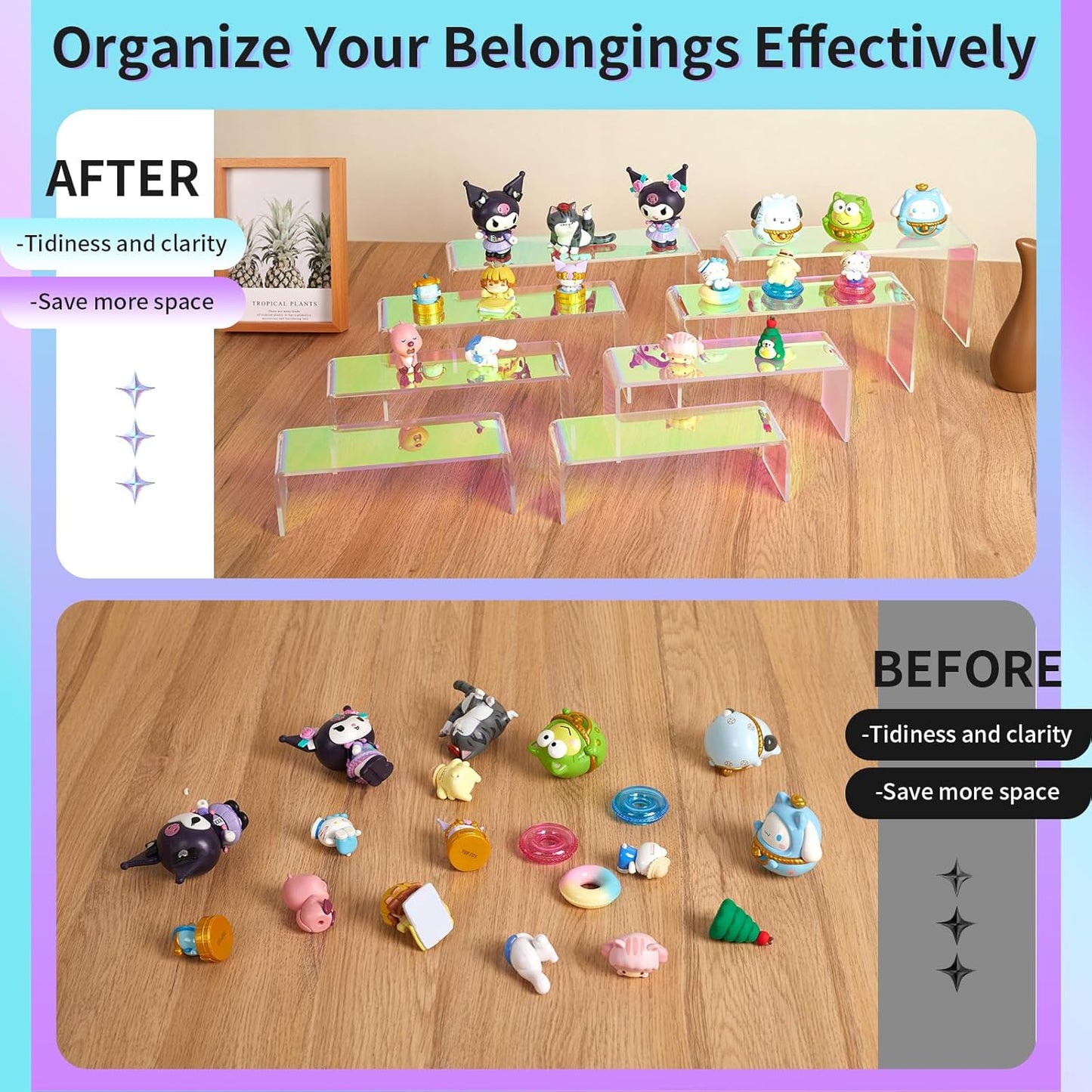 Iridescent Acrylic Display Risers, 8pcs Rainbow Display Stand Rectangular Stands Showcase Transparent Display Shelf for Dessert Cupcake Collectibles Figures Jewelry Perfume (Iridescent-8pcs)