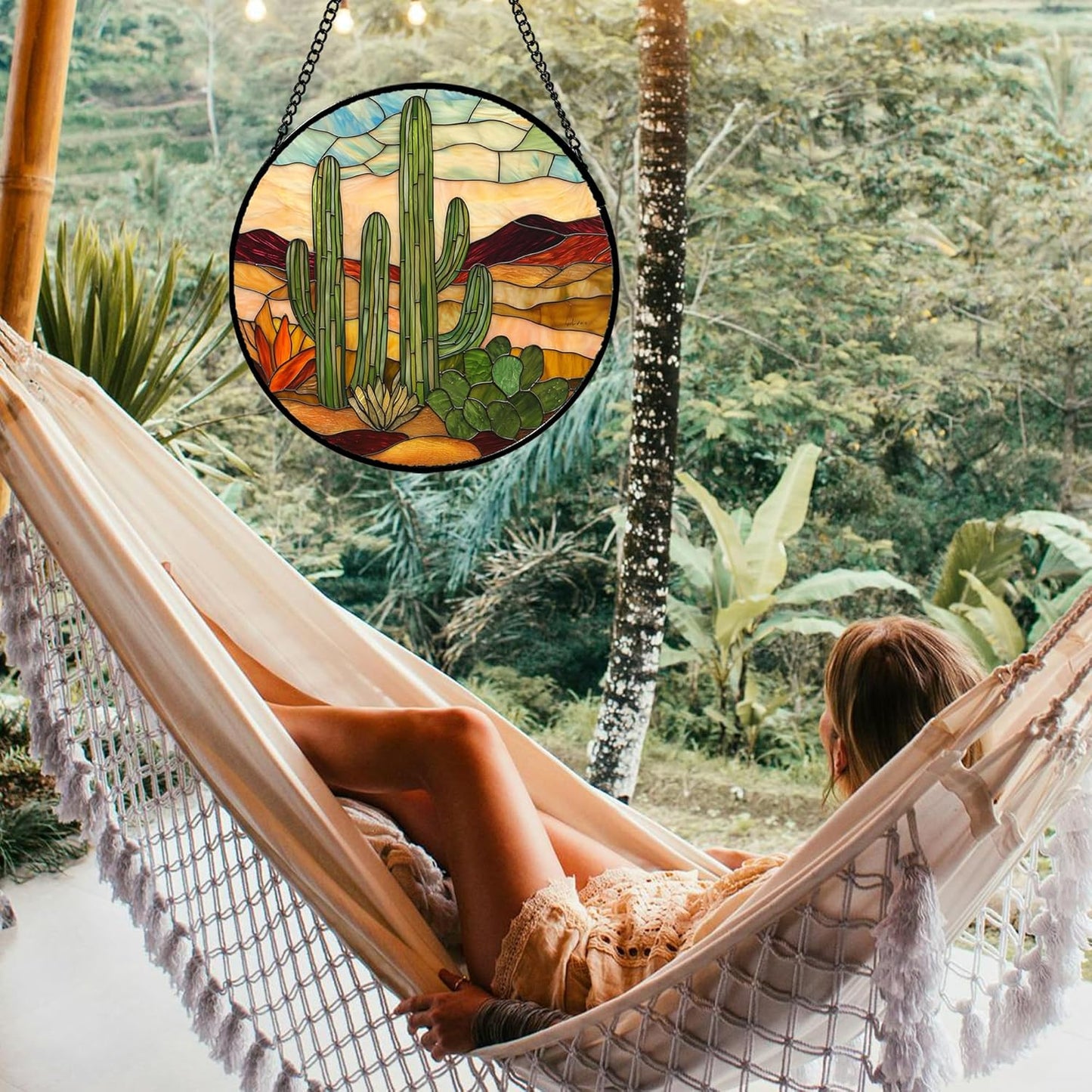 Stained Glass Window Hanging, Green Cactus Sun Catcher for Door Terrace Garden Home Decor, Abstract Desert Landscape Suncatcher Birthday Gifts for Lovers Women Men Dad Mom Nana 6.3