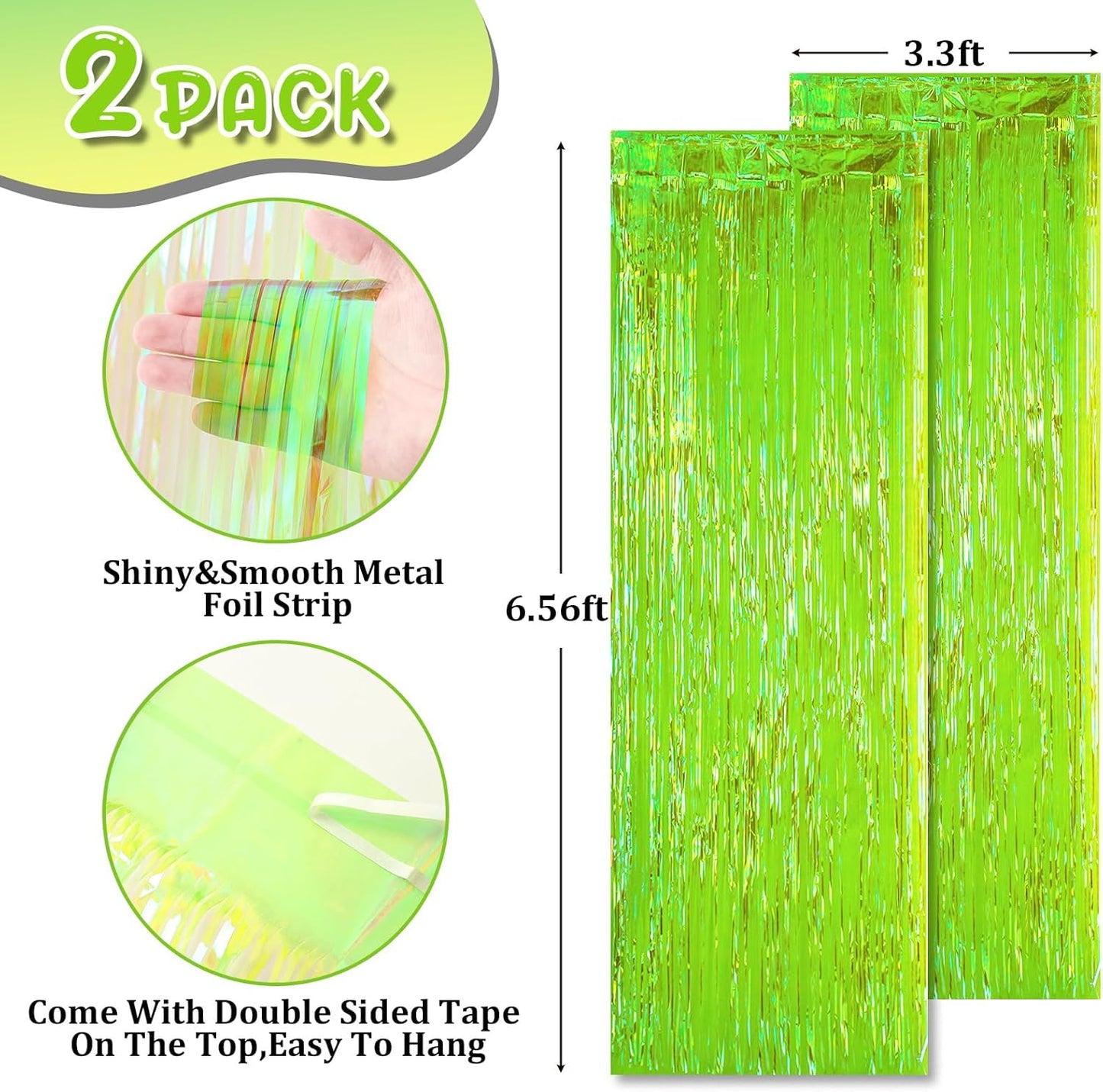 2 Pack Green Iridescent Tinsel Foil Fringe Curtains, Neon Party Decorations, Metallic Tinsel Party Streamers Backdrop for Birthday Baby Shower Halloween Wedding Party Decorations