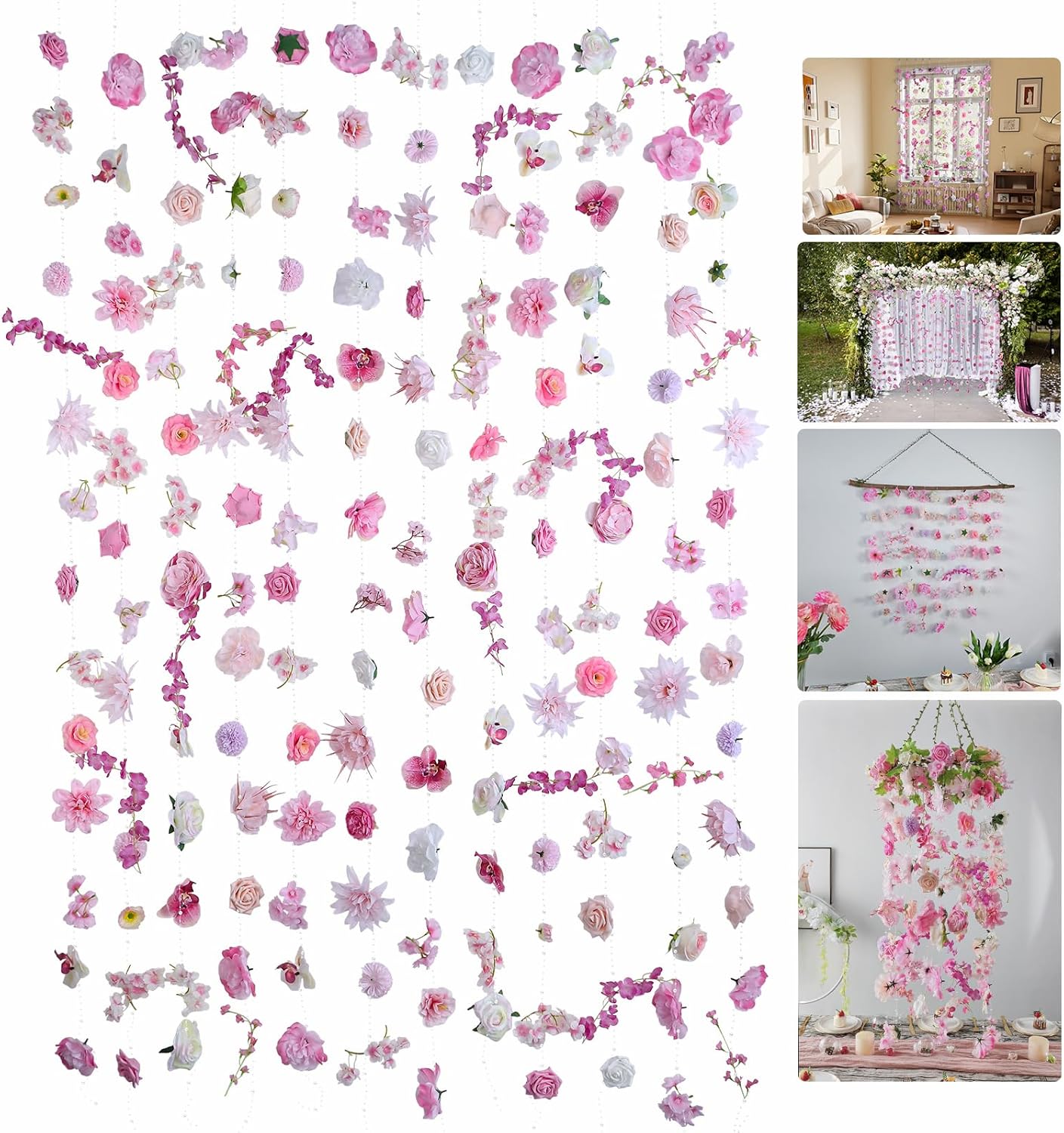 Flower Garlands 12pcs 82.6ft Artificial Hanging Flowers Faux Floral Vines Wildflower Wall Backdrop for Wedding, Party, Events, Home Ceiling Curtain Decor(Single Piece is 6.8ft)-Light Pink