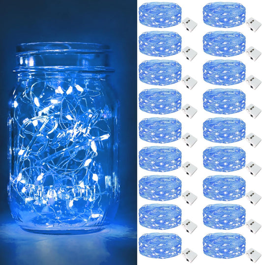 btfarm 18 Pack Fairy Lights Battery Operated [3 Modes], 7ft 20 Led Twinkle Lights String Lights Waterproof Bulk Small Mini Silver Wire for Mason Jars Vases Wedding Table Centerpiece, Blue