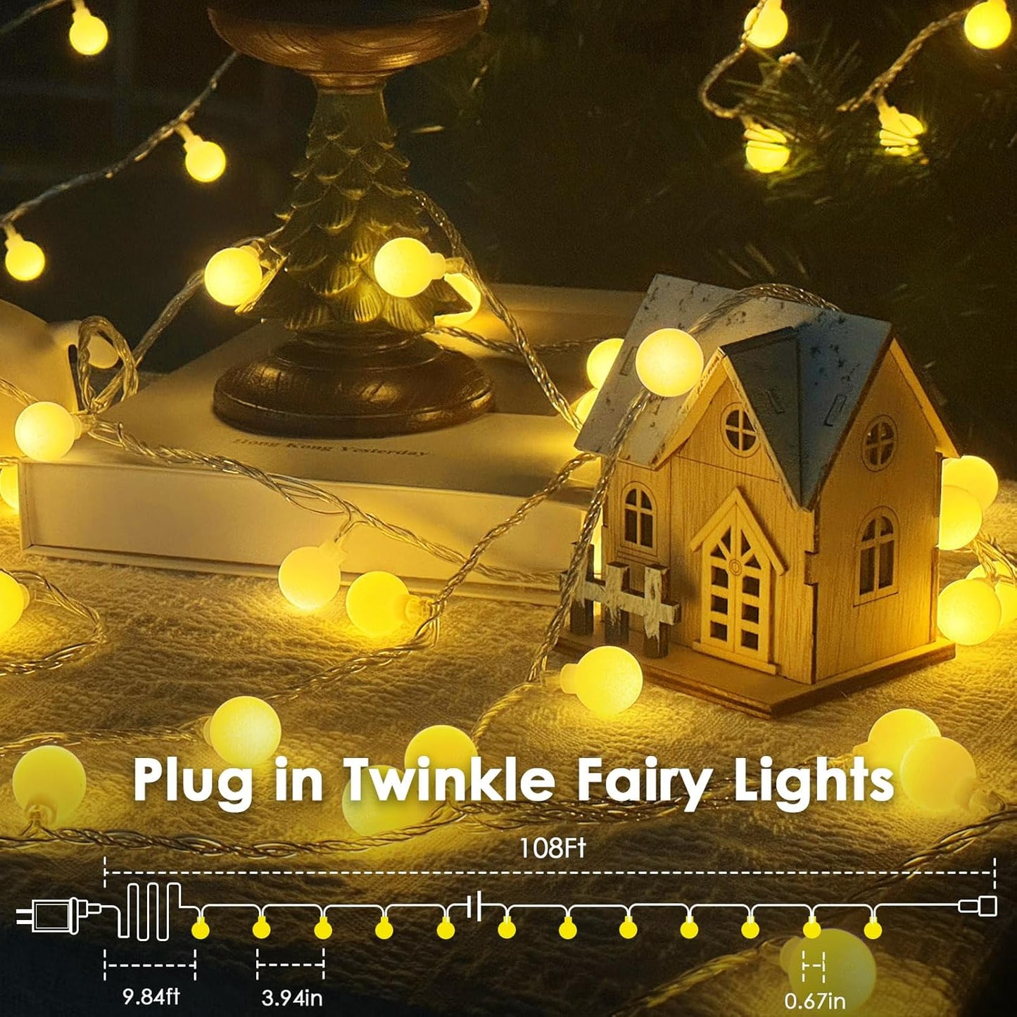 300LED Connectable Globe String Lights Indoor Outdoor for Bedroom, 108ft Warm White Christmas Lights with Remote, Waterproof Fairy Light Plug in 8 Modes for Room Classroom Wedding Christmas Decor