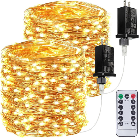 2Pack Each 66Ft 200 LED Fairy Lights Plug in with Remote, Waterproof String Lights Outdoor & Indoor, String Lights 8 Modes with Timer, Twinkle Light for Girl's Room Christmas Decorations (Warm White)