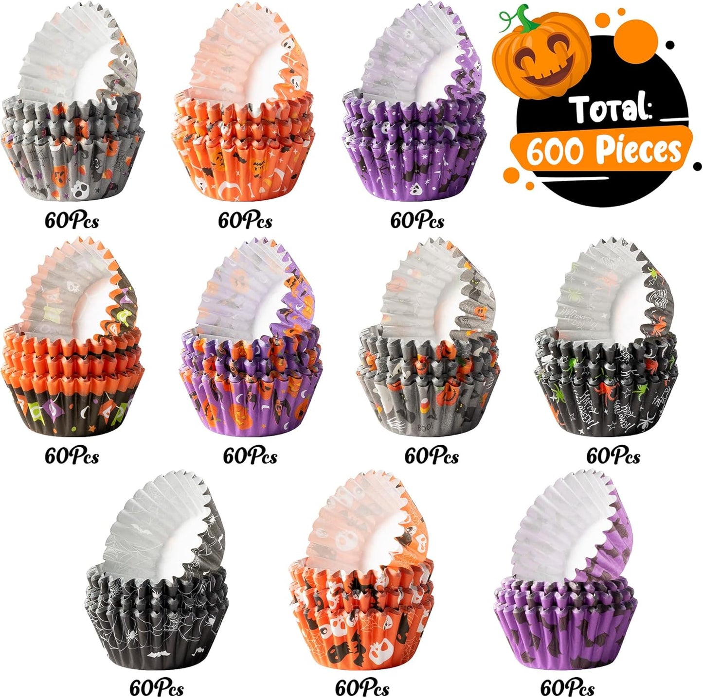 COcnny Halloween Mini Cupcake Liners - 600pcs Halloween Candy Baking Cups Muffin Cupcakes Wrappers, Pumpkin Ghost Skull Disposable Chocolate Cake Wrap Making Supplies for Party (10 Styles)