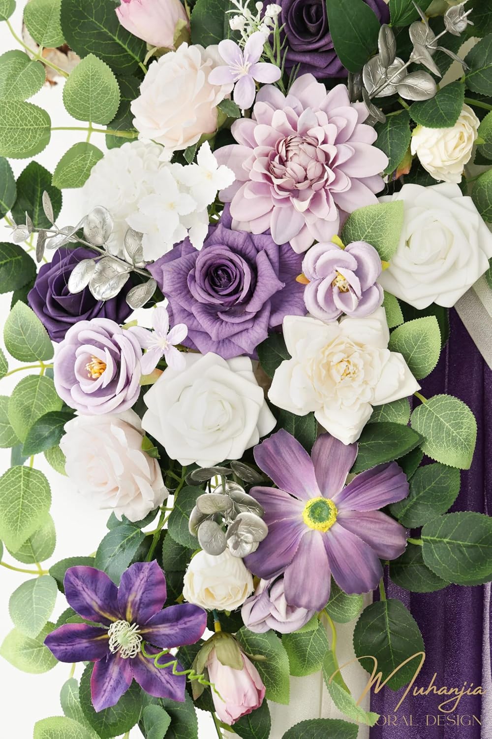 Artificial Wedding Arch Flowers Kit(Pack of 4),2Pcs Artificial Flower Arch Decor, 2Pcs Chiffon Fabric Drapes, Ceremony Decoration, Floral Outdoor Party Decor (Violet & Champagne)