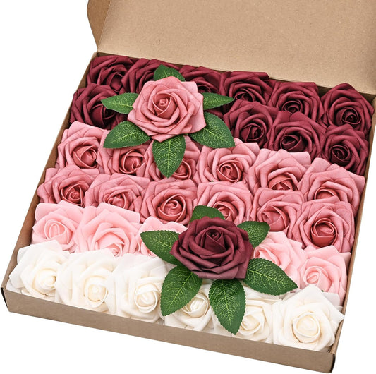 BLEUM CADE 36Pcs Artificial Flowers Fake Roses with Stems, Gradient Burgundy Boxed Foam Roses for DIY Bouquets Centerpieces Wedding Party Arrangement Bridal Shower Decor