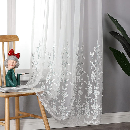 VISIONTEX White Sheer Voile Curtains, Decorative White Embossed Leaves Rod Pocket Window Drapes for Home Kitchen, Living Room and Bedroom 54 x 95 Inch, Set of 2 Curtain Panels