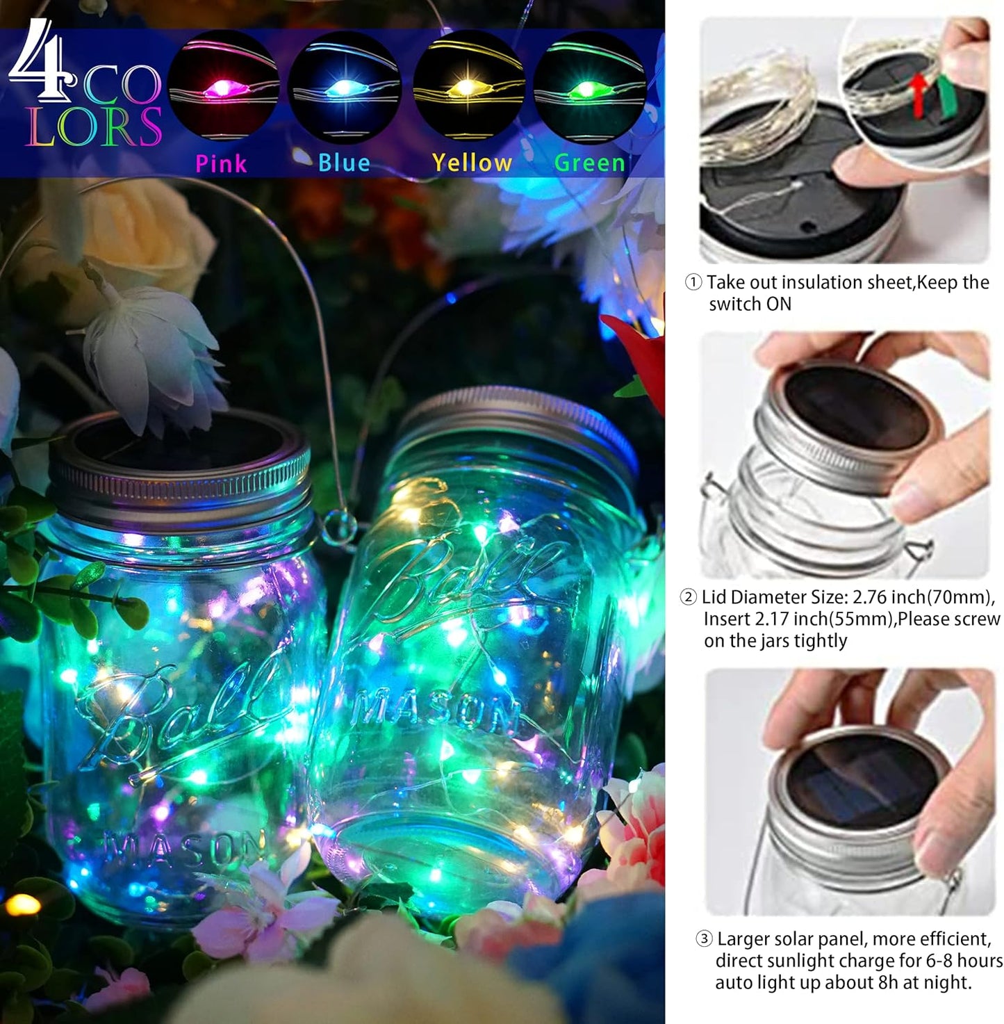 SunKite Solar Mason Jar Lights, 12 Pack 30 LED Waterproof Fairy Firefly Jar Lids String Lights with Hangers(NO Jars), Patio Yard Garden Wedding Decoration - Multicolored1