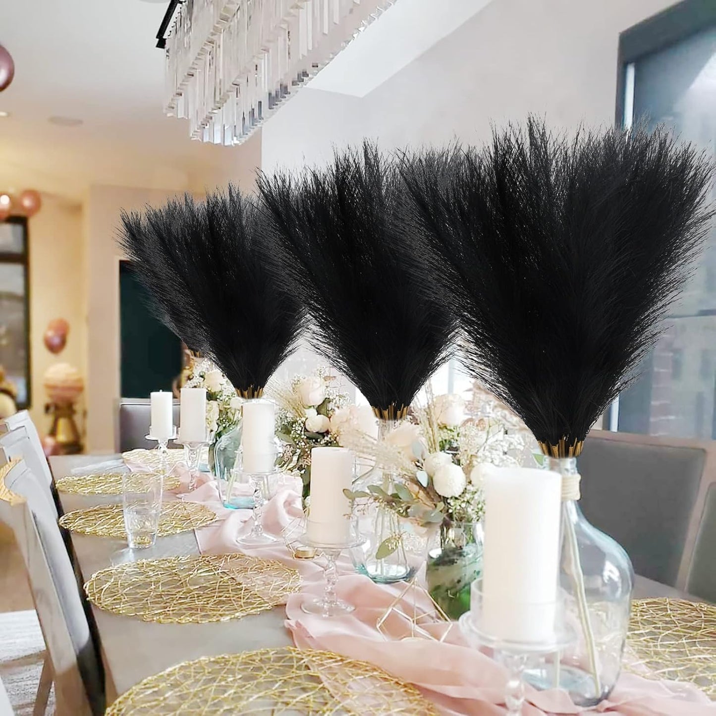 50pcs Faux Pampas Grass, 21.6" Short Artificial Pompous Grass Floral Fake Pompas Grass Branches Vase Filler Flower Arrangement for Home Wedding Boho Decor, Black