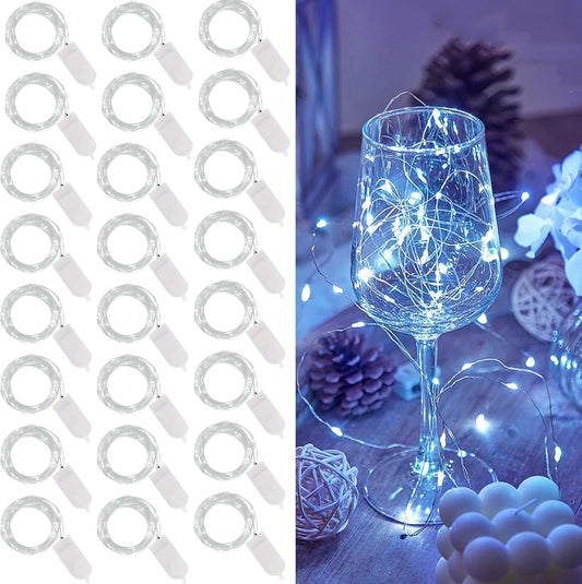 WATERGLIDE 24 Pack Fairy Lights Battery Operated (Included), 7 ft 20 LED Mini String Lights, Waterproof Silver Wire Firefly Starry Lights for DIY Wedding Christmas Party Mason Jars Decor, Cool White