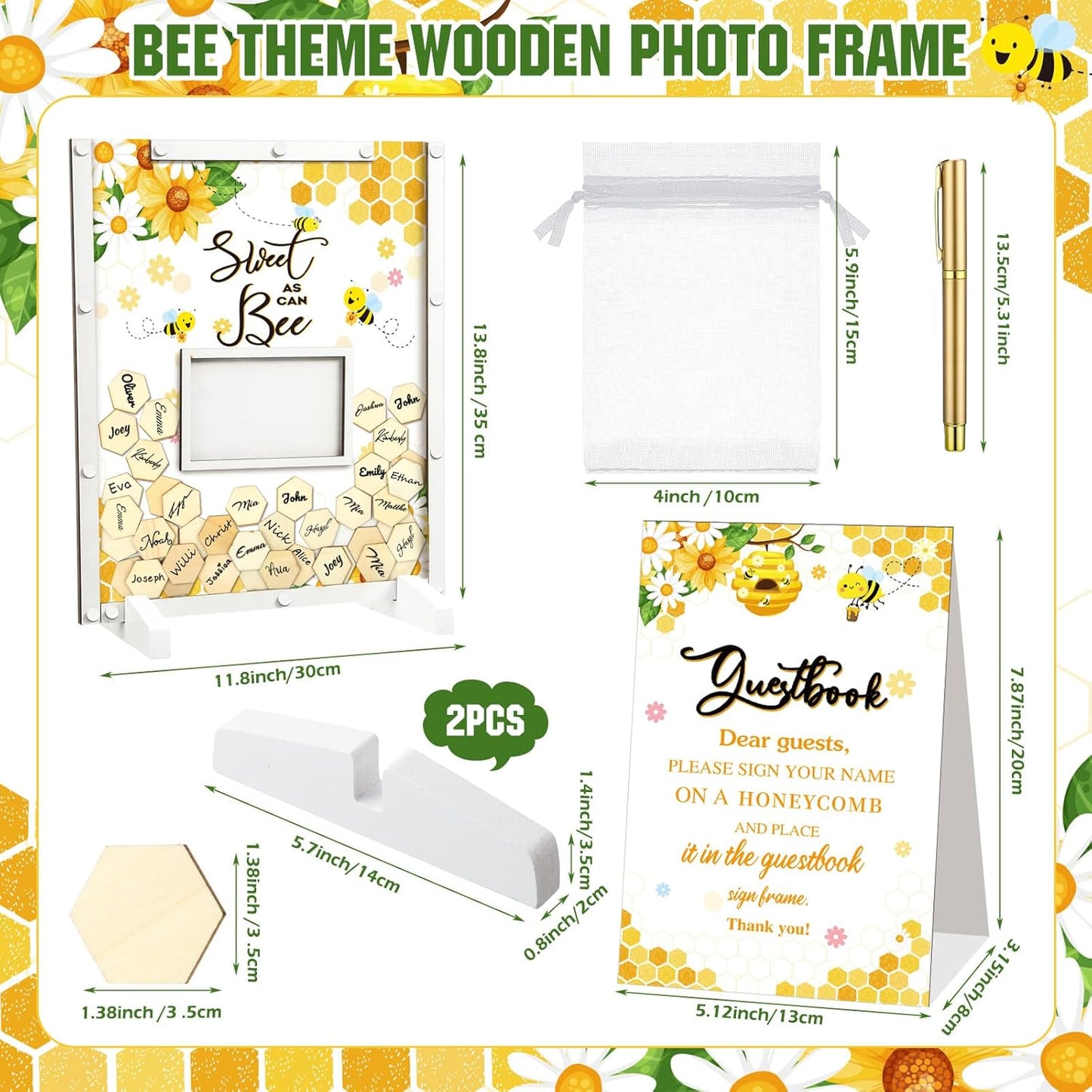 65 Pcs Baby Shower Guest Book Alternatives He or She Gender Reveal Baby Shower Decorations Sign in Guest Book with Picture Frame and 60 Wooden Chip Sweet as Can Bee Decorations