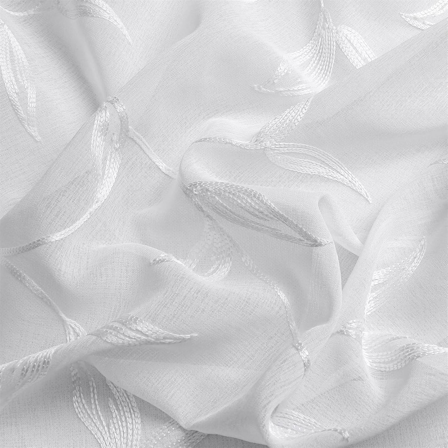 VISIONTEX White Sheer Voile Curtains, Decorative Leaves Embroidery Faux Linen Rod Pocket Window Drapes for Home Kitchen, Living Room and Bedroom 26 x 36 Inch, Set of 2 Curtain Panels