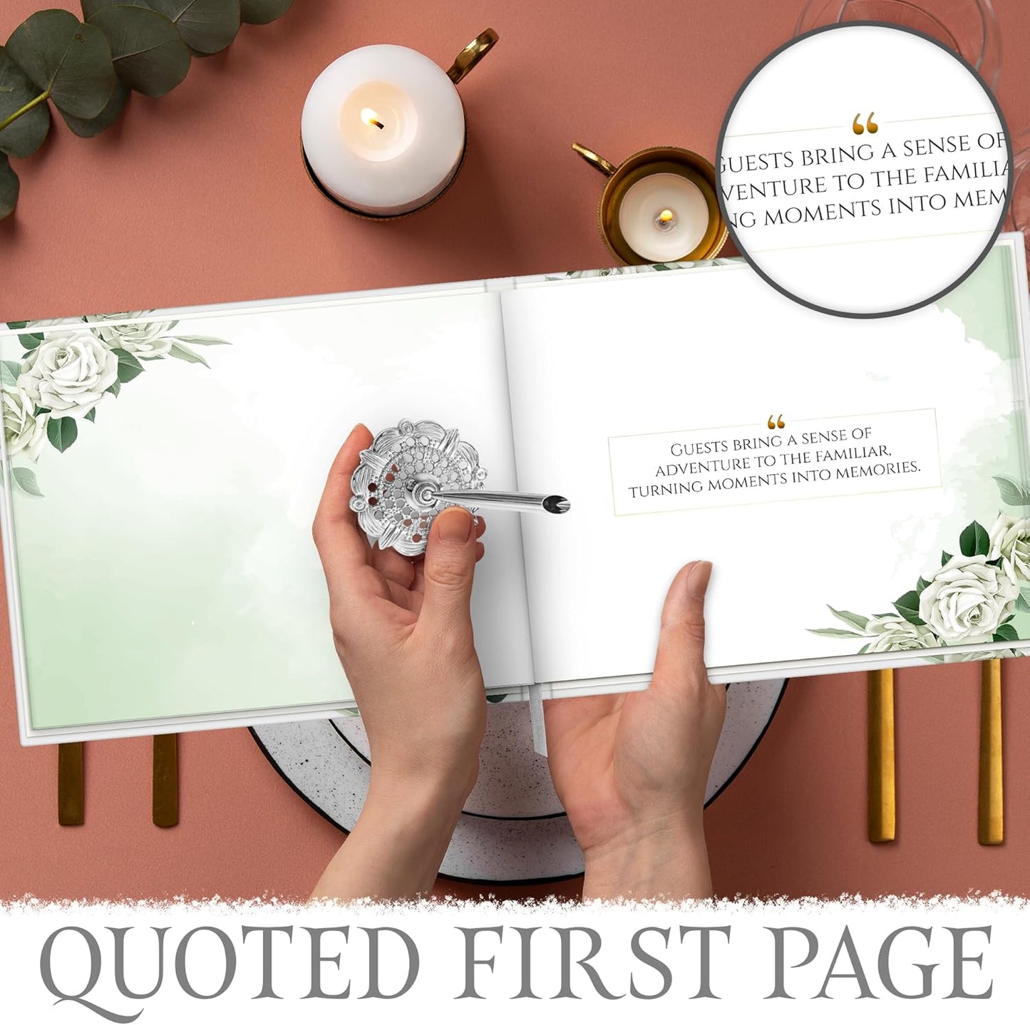 Wedding guestbook Cover Size 8x10 inch, Wedding Memory Book Bundle with a Pencil, Guest Wedding Book, Full Color Printing with Round Photo Frame.