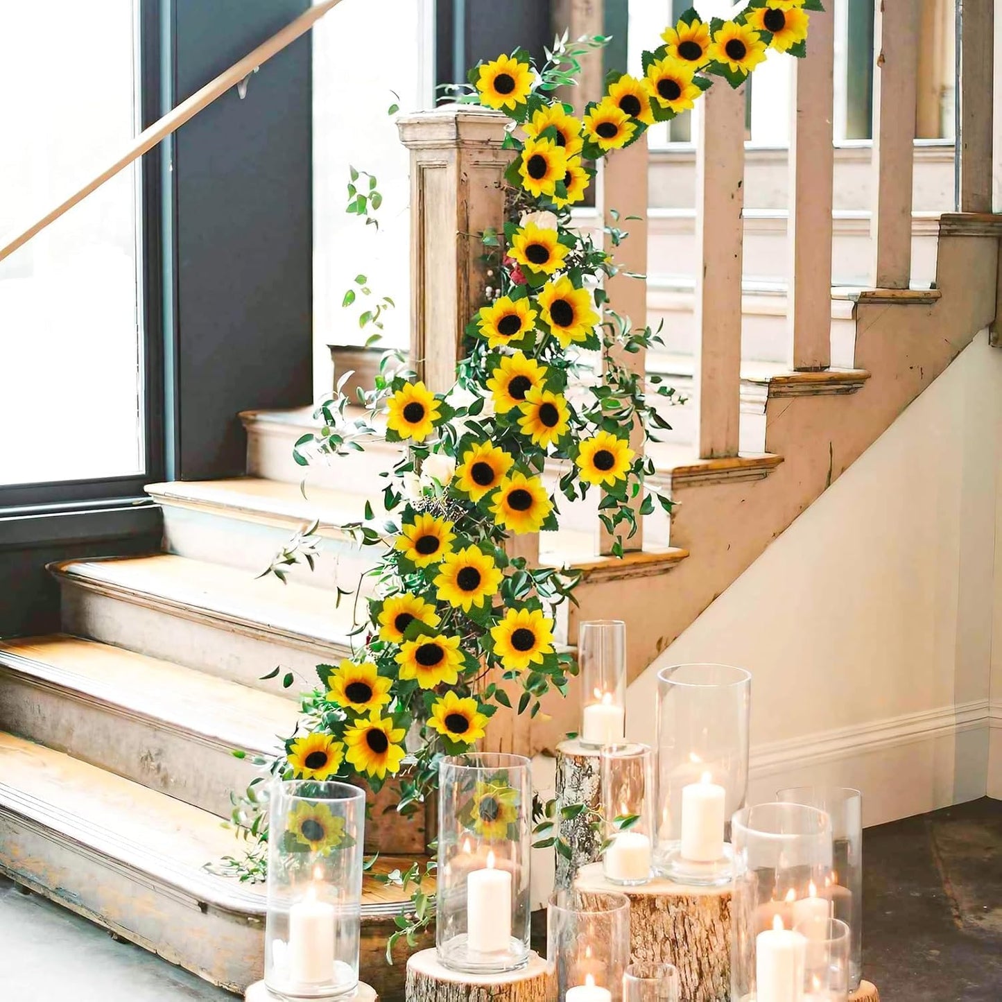 Uieke 12PCS Artificial Sunflower Garland, 7.5ft/Strand Silk Sunflowers Hanging Vines Flowers with Green Leaves for Room Kitchen Garden Birthday Wedding Baby Shower Party Table Decor Large