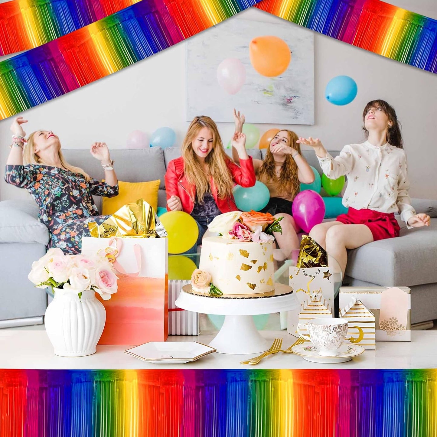 4 Pack 10 Ft Dark Rainbow Foil Fringe Garland Metallic Streamers Tinsel Banner Wall Hanging Garland Backdrop for Parade Floats, Halloween, Christmas, Thanksgiving, New Year Party Decorations