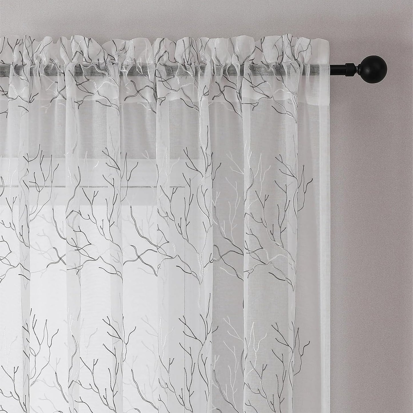 VISIONTEX Sheer Curtains 95 inch Length 2 Panels Set, Decorative Grey Coral Embroidery, Rod Pocket Embroidered Window Drapes for Living Room and Bedroom, 54" x 95"
