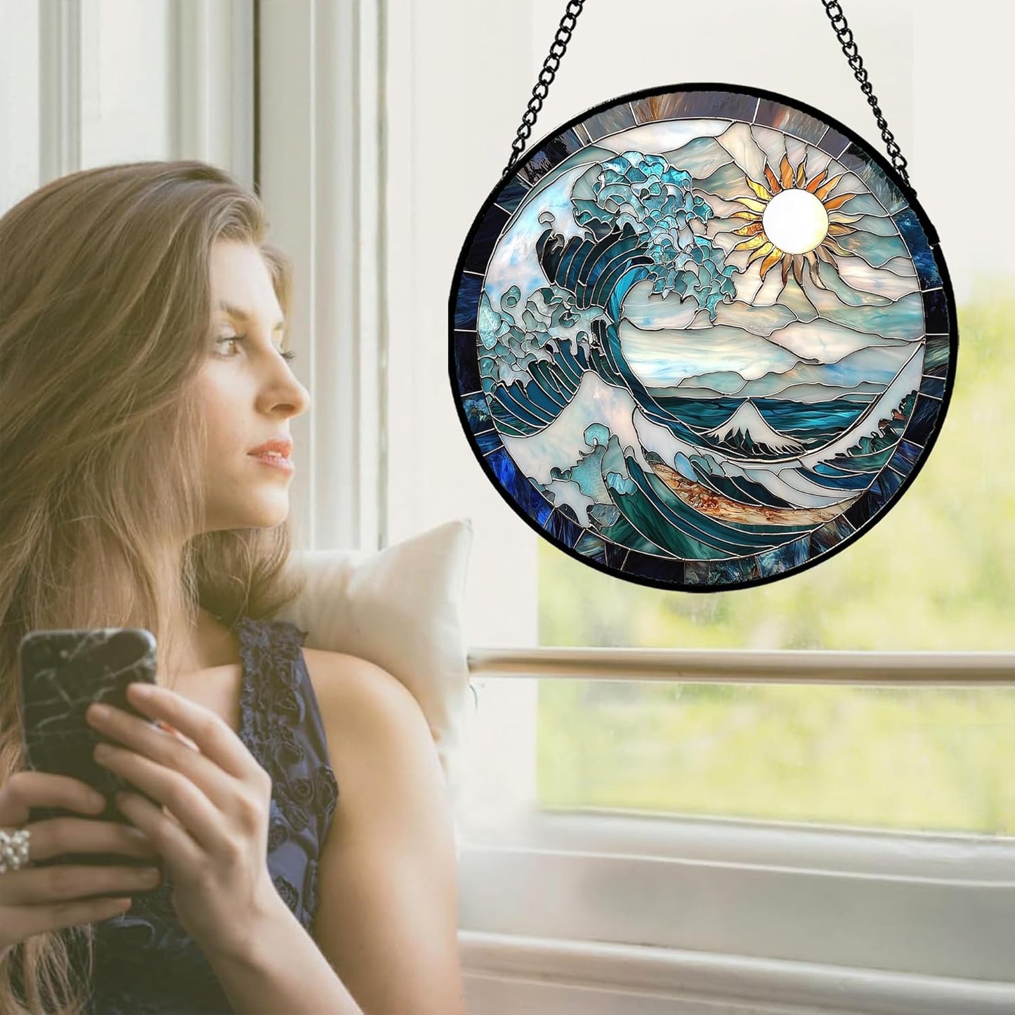 Stained Glass Window Hanging - White Sun Big Wave Suncatcher for Door Terrace Garden Home Decor Blue Ocean Landscape Sun Catcher Birthday Gifts for Lovers Women Men Dad Mom Nana 6.3 in