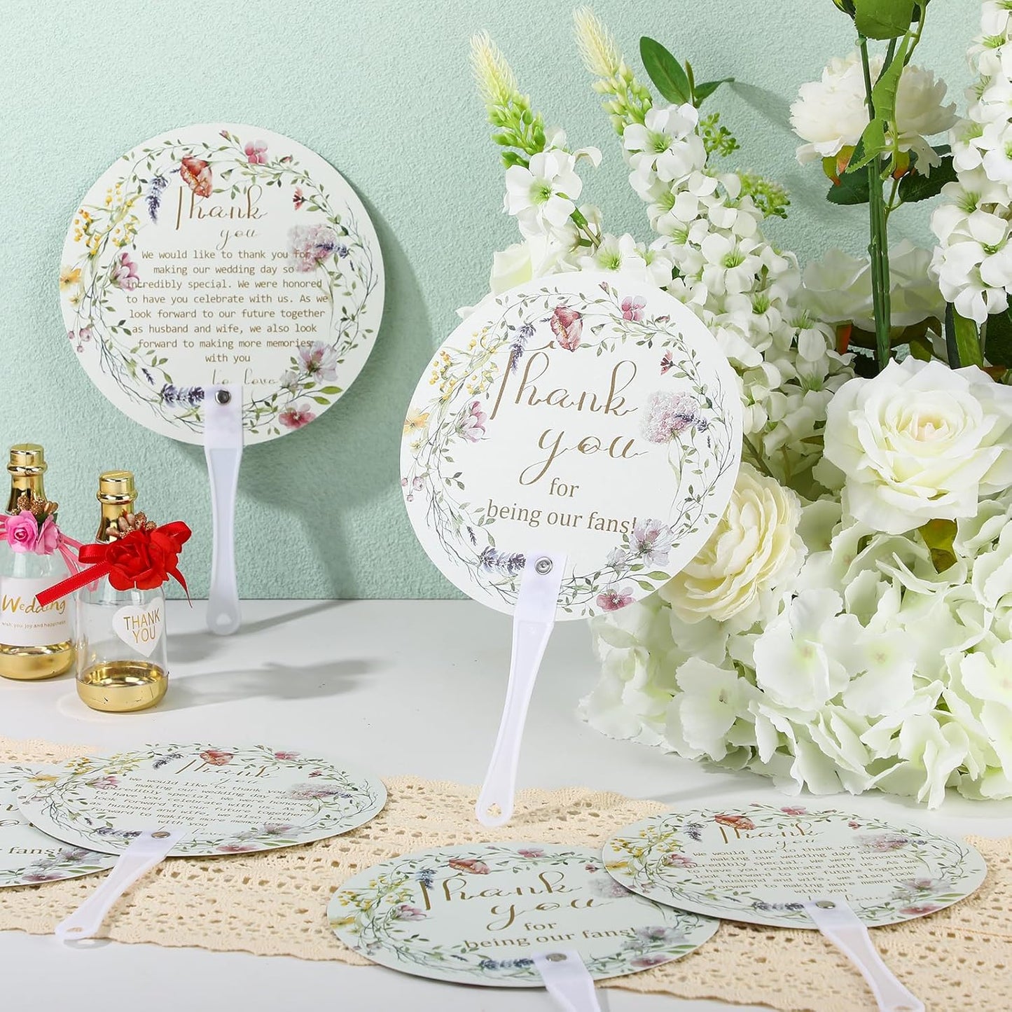 Roowest 100 Pcs Wedding Fans for Guests Bulk Plastic Floral Handheld Wedding Fans with Handle Thank You for Being Our Fan for Ceremony Bridal Baby Shower Party Favors Decoration(Elegant Style)