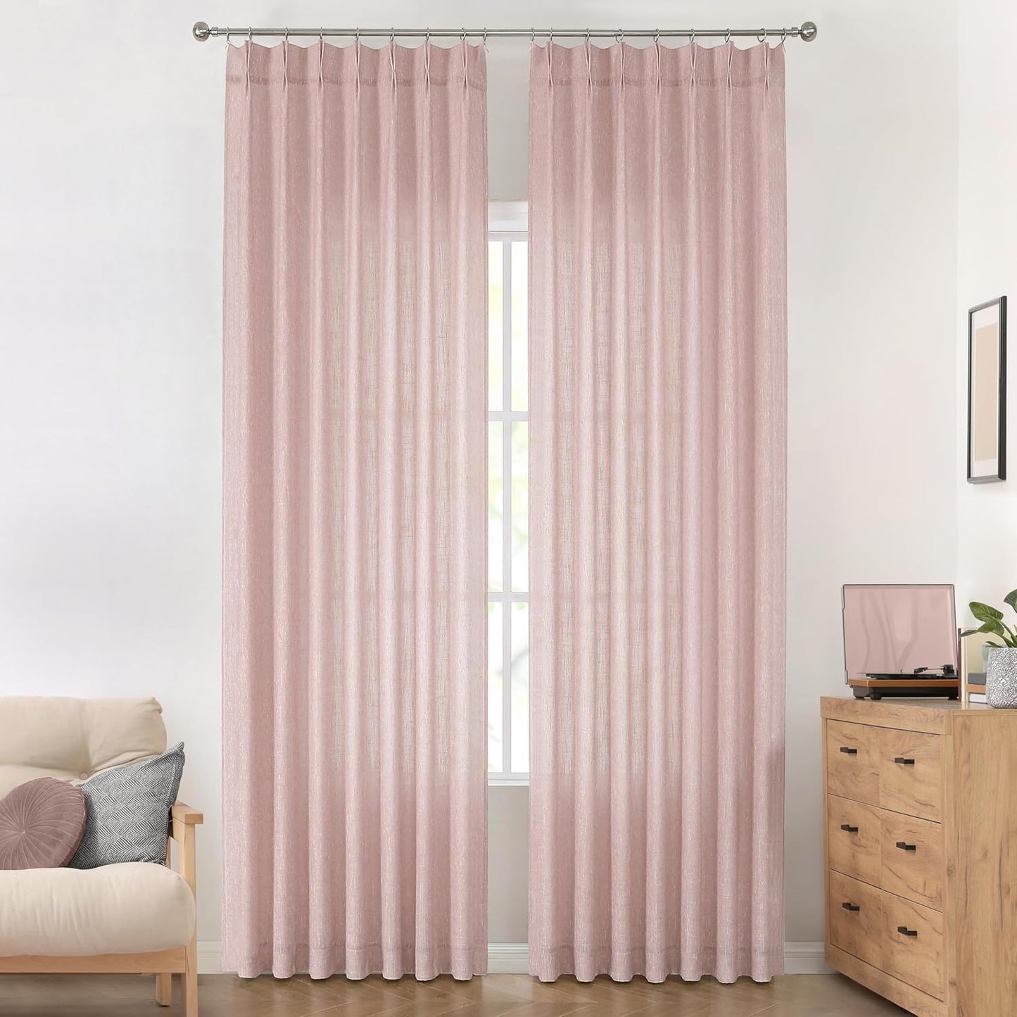 Vision Home Pink Pinch Pleated Semi Sheer Curtains for Girls Bedroom Living Room Textured Light Filtering Window Curtains 120 inch Rayon Blended Pinch Pleat Pink Drapes with Hooks 2 Panels 40"Wx120"L