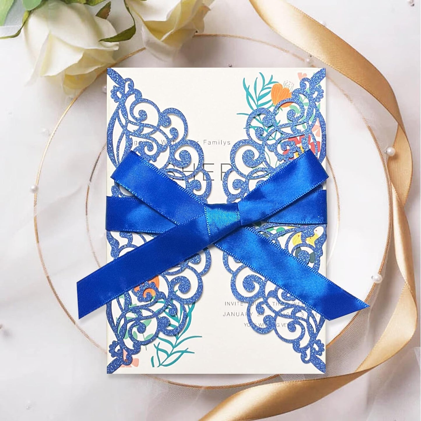 50Pcs Laser Cut Blue Wedding Invitation With Glitter Envelopes And Ribbons Blank Personalized Card Invitaciones Para quinceañera Birthday Baby Shower Christmas Party Bridal Shower