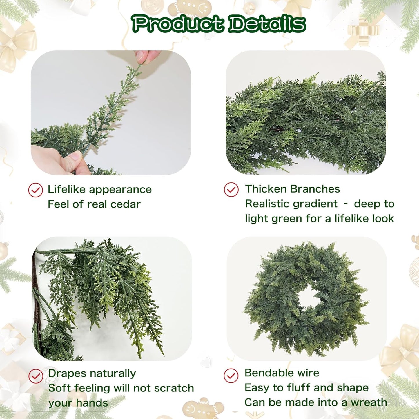 2Pcs 6FT Christmas Cedar Garland Artificial Real Touch Thickness Realistic Greenery Pine Garland for Mantle Fireplace Outdoor Indoor Christmas Decorations