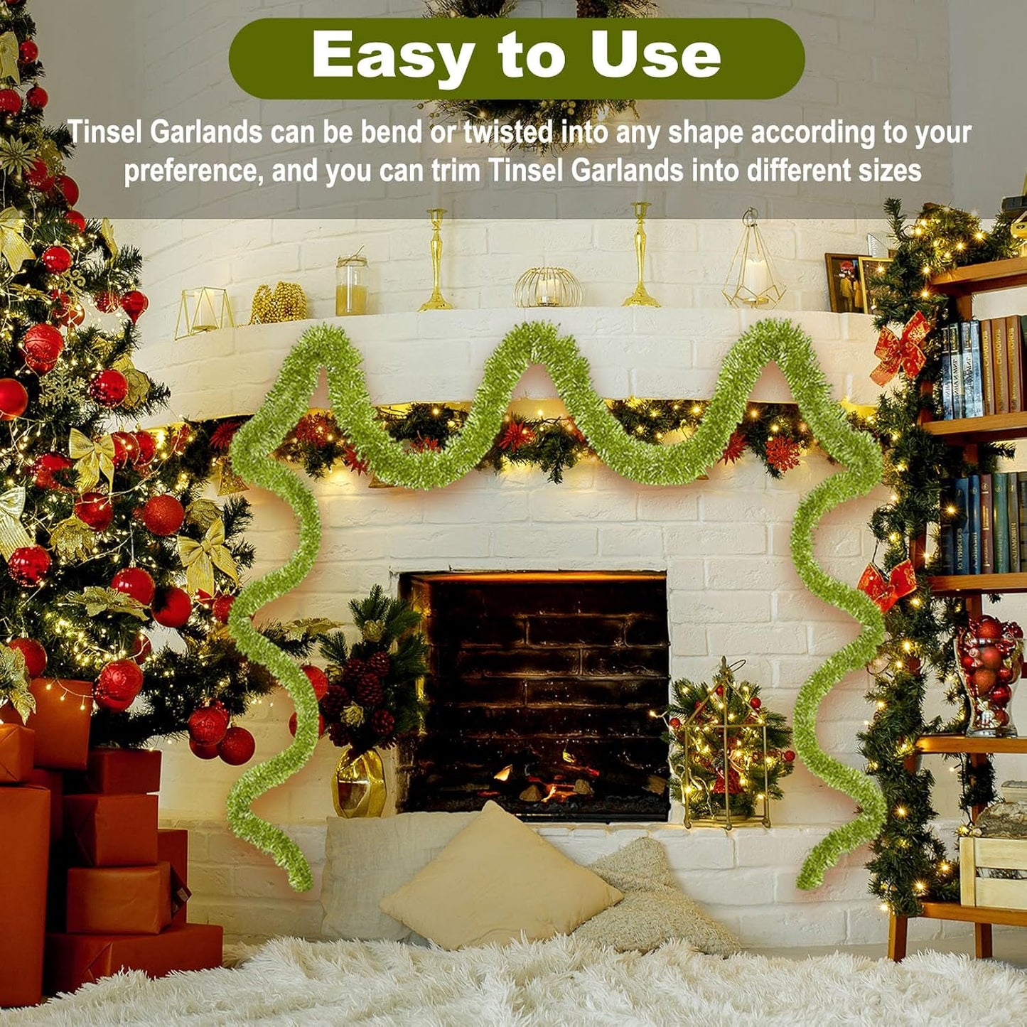 50 Feet Christmas Foil Fringe Banner Metallic Tassle Garland Metallic Backdrop Parade Floats Shiny Hanging Ceiling, Valentine's, Wedding, New Year Party Decorations(2" x 50', Light Green)