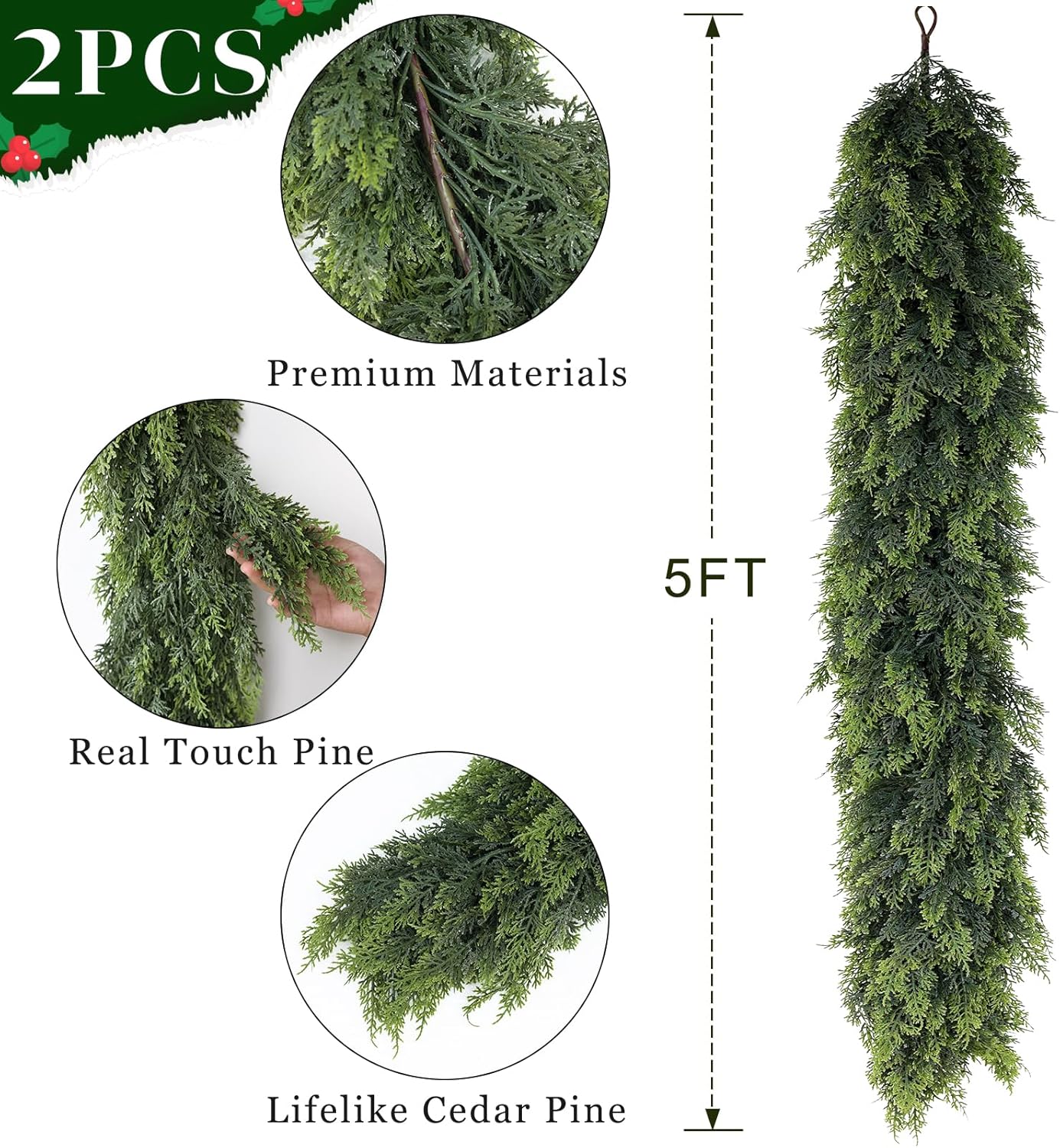 Real Touch Cedar Garland - Artificial Christmas Garlands Faux Green Cedar Fake Pine Needles Garland for Fireplace,Table, Stairs, Mantle, Window,Indoor Outdoor,Home,Holiday Decor(2 PCS,5 FT)