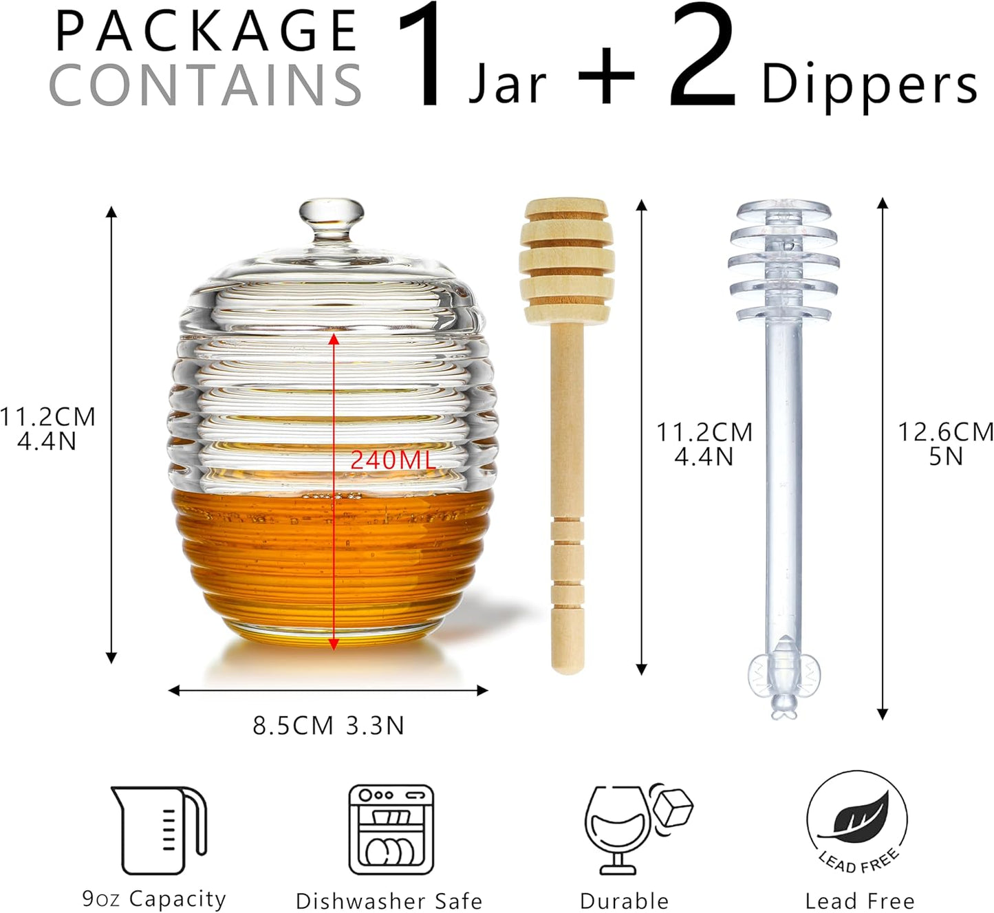 kanpura 9oz Glass Honey Dispenser, Glass Honey Jar with Dipper,Clear Crystal Honey Pot for Home Kitchen,Store Honey and Syrup,Easy to Clean