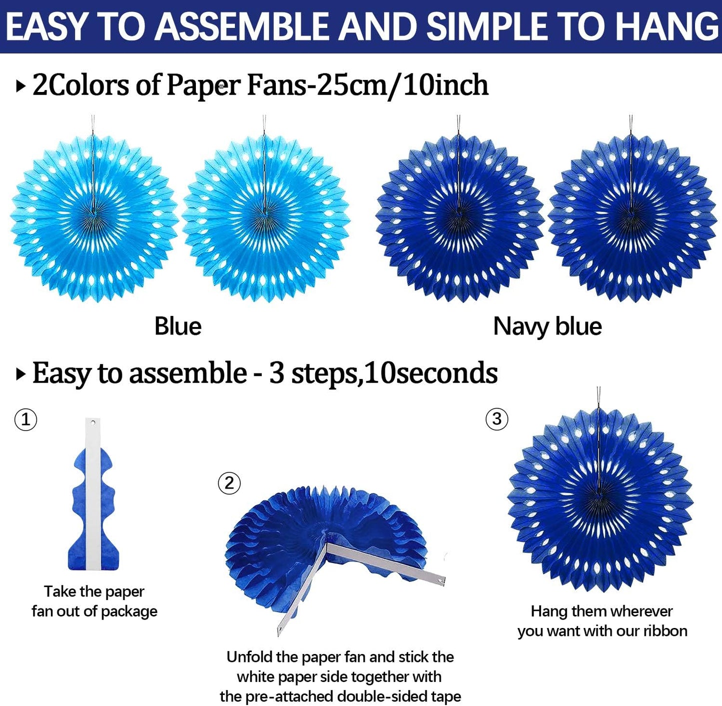 Navy-Light Blue Party Decorations, 23Pcs Hanging Paper Fans Party Decorations with Honeycomb Ball, Pom Poms Flowers for Boy Men Birthday Decoration, Bridal Shower,Baby Boy Showers,Wedding