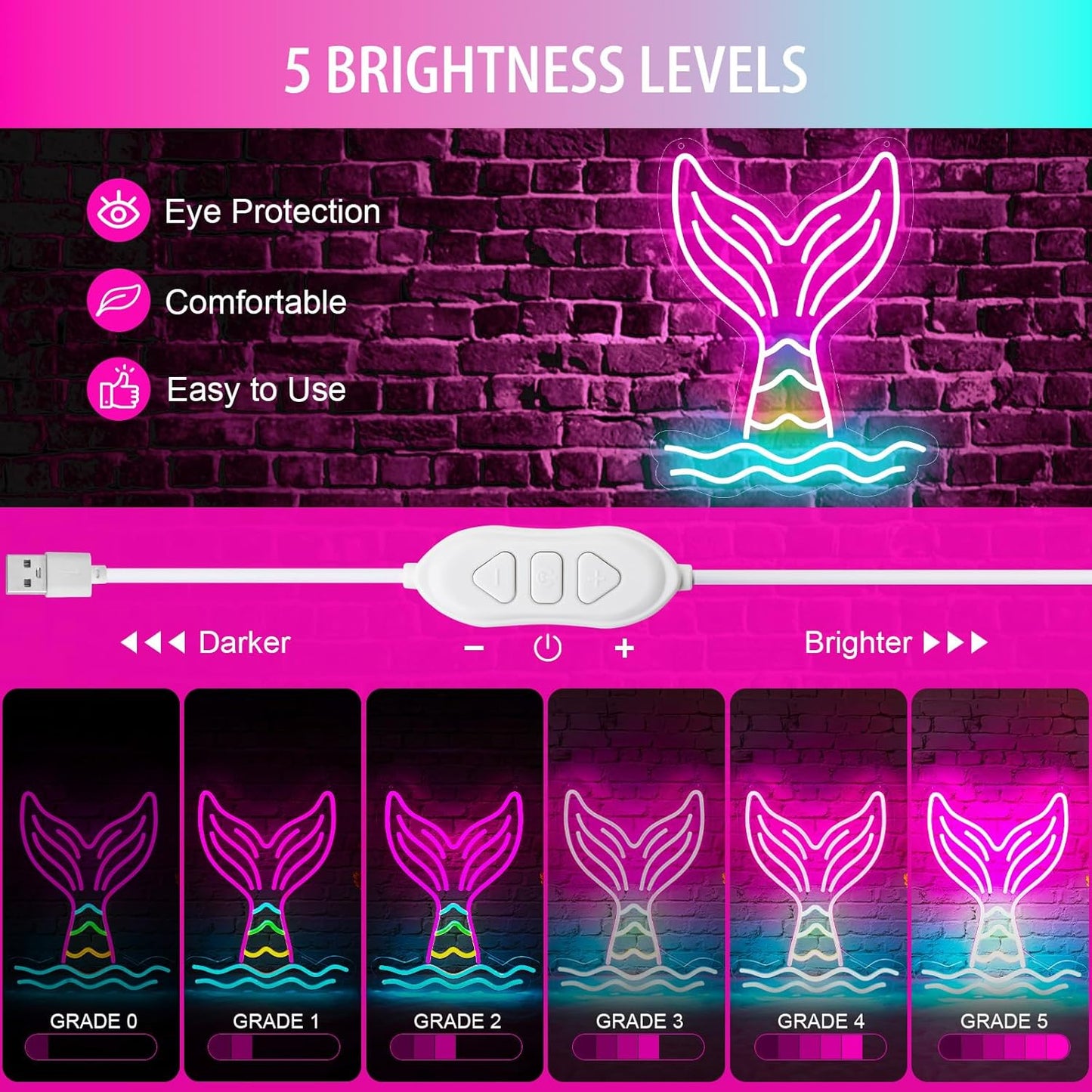 Mermaid Tail Neon Sign Dimmable Mermaid Neon Signs for Wall Decor, USB Powered Bright LED Mermaid Lamps for Girls Bedroom, Birthday Christmas Decor, Perfect Gifts for Girls(15.7*12.6inches)