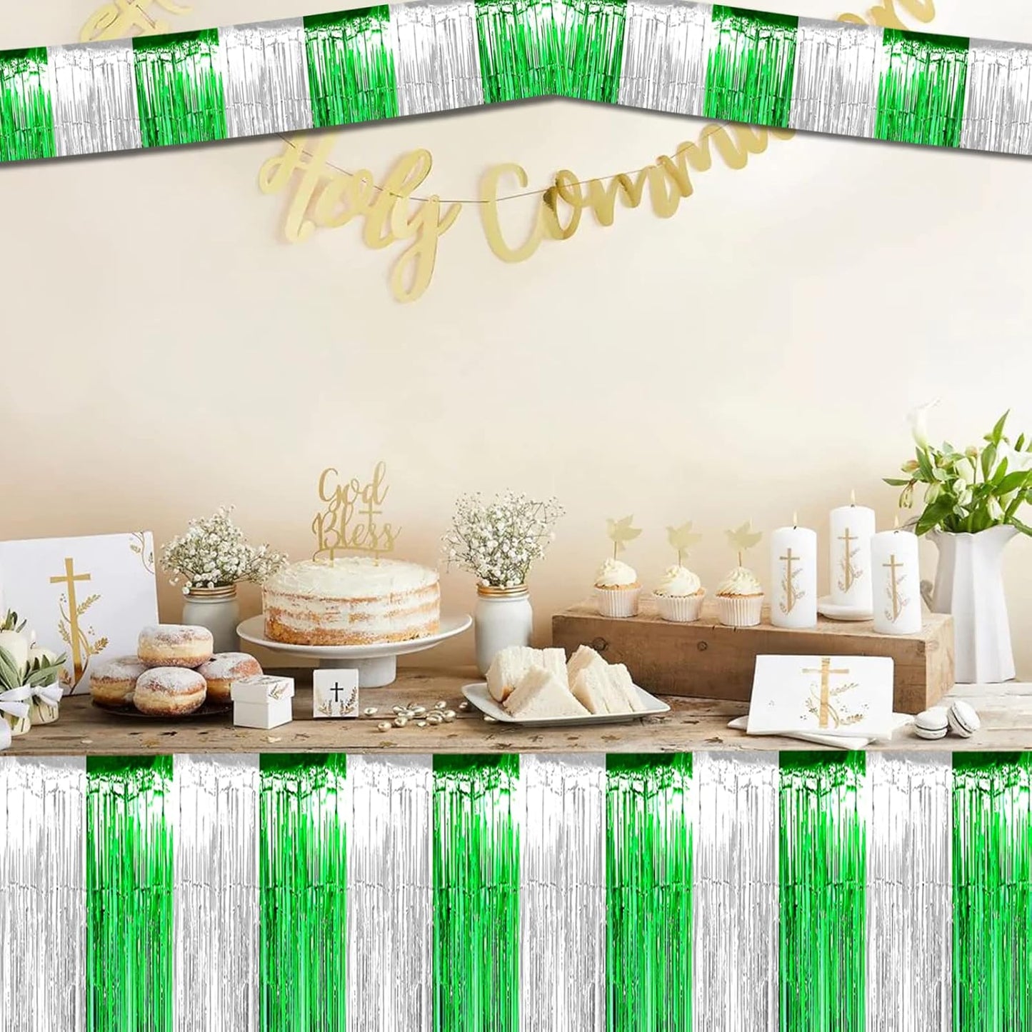 10 Pack 10 Feet Foil Fringe Garland Metallic Tinsel Streamers Banner Wall Hanging Backdrop for Parade Floats, Bachelorette, Wedding, Birthday, Mardi Gras St Patrick Day Party Decorations(Silver Green)