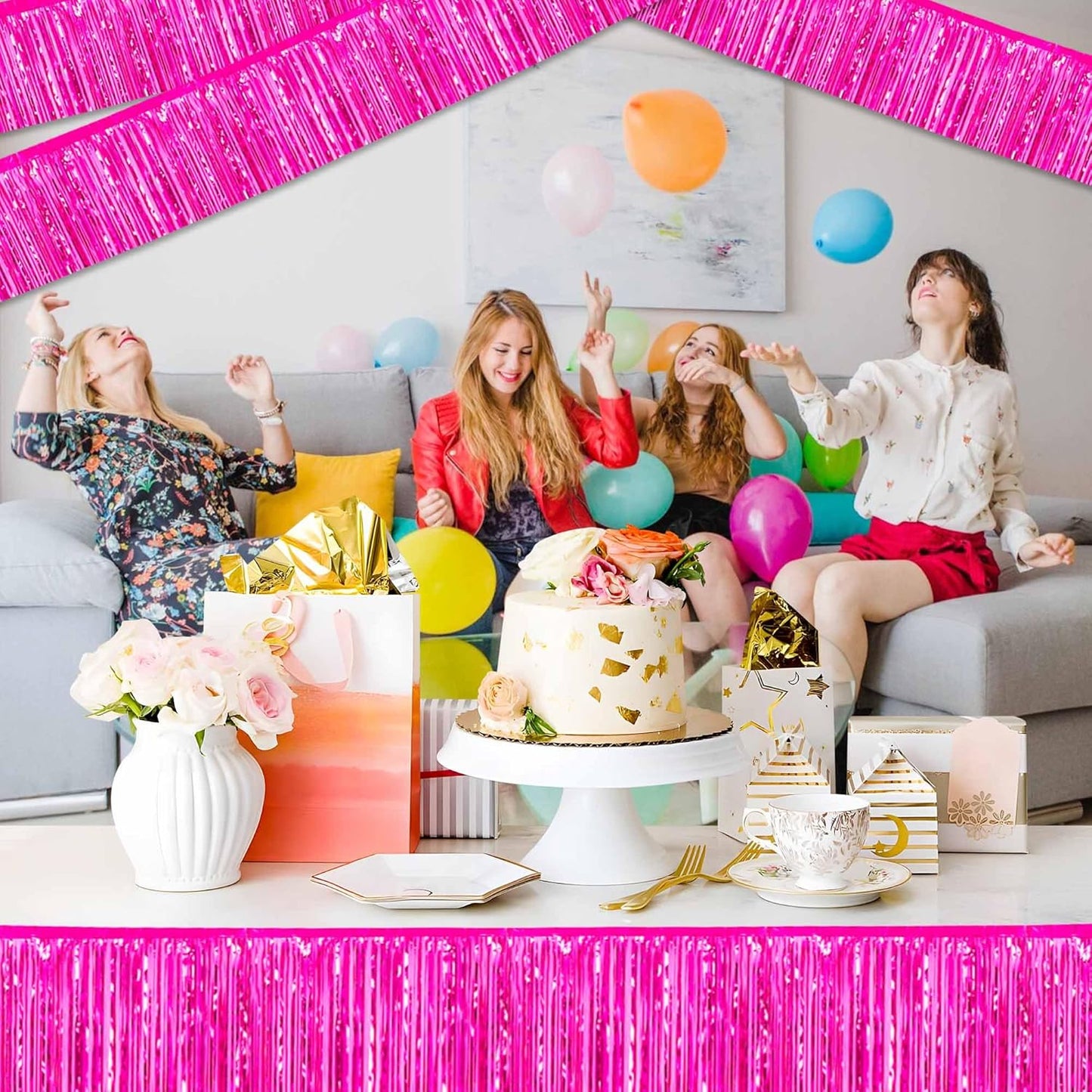 4 Pack 10 Ft Fuchsia Foil Fringe Garland Metallic Streamers Tinsel Banner Wall Hanging Garland Backdrop for Parade Floats, Halloween, Christmas, Thanksgiving, New Year Party Decorations
