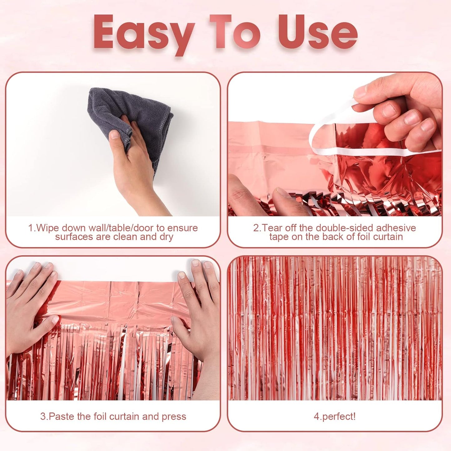 4 Pack Rose Gold Foil Fringe Backdrop Curtains, Tinsel Streamers Birthday Party Decorations, Fringe Backdrop for Graduation, Baby Shower, Gender Reveal, Disco Party