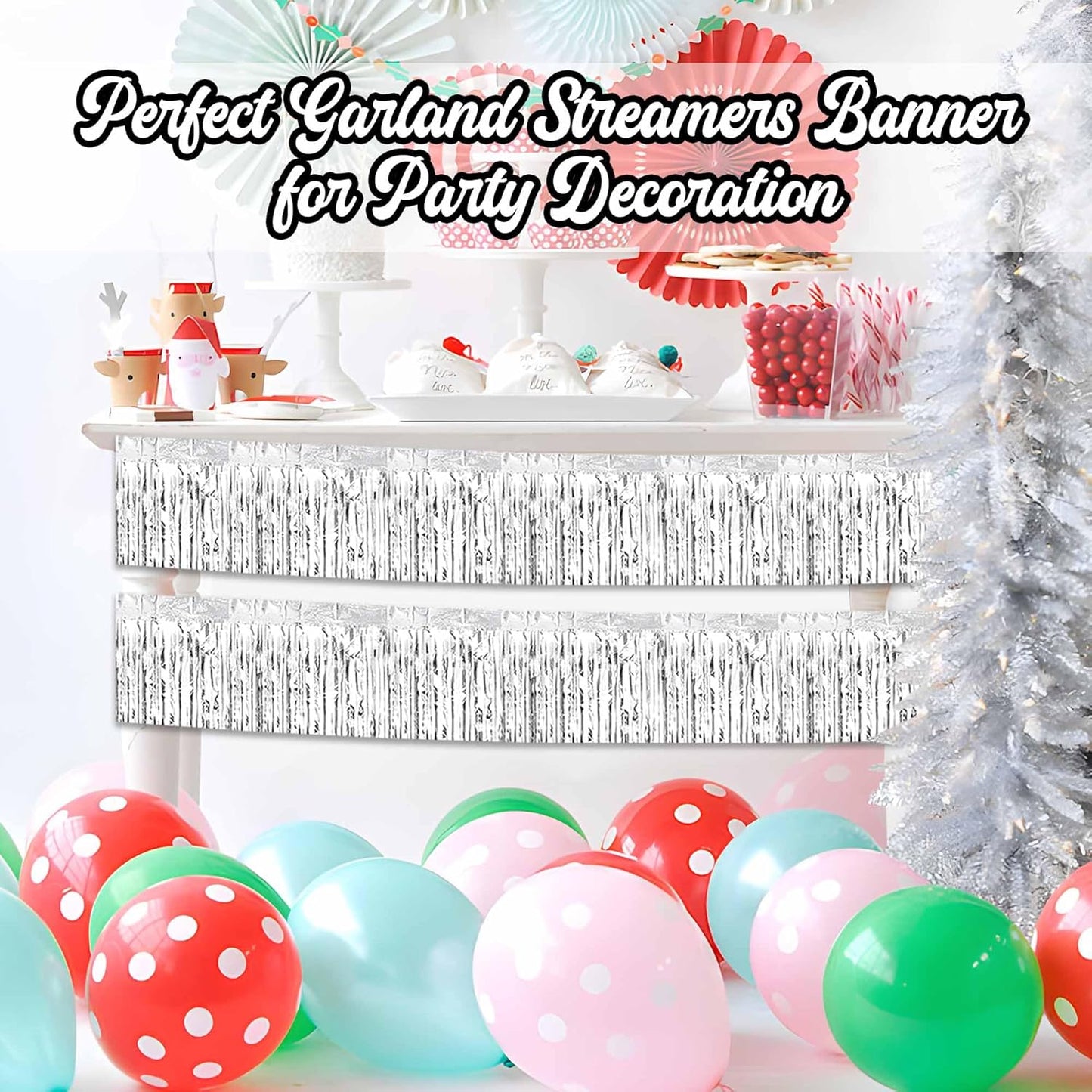 4 Pack 10 Ft Silver Foil Fringe Garland Metallic Streamers Tinsel Banner Wall Hanging Garland Backdrop for Parade Floats, Halloween, Christmas, Thanksgiving, New Year Party Decorations