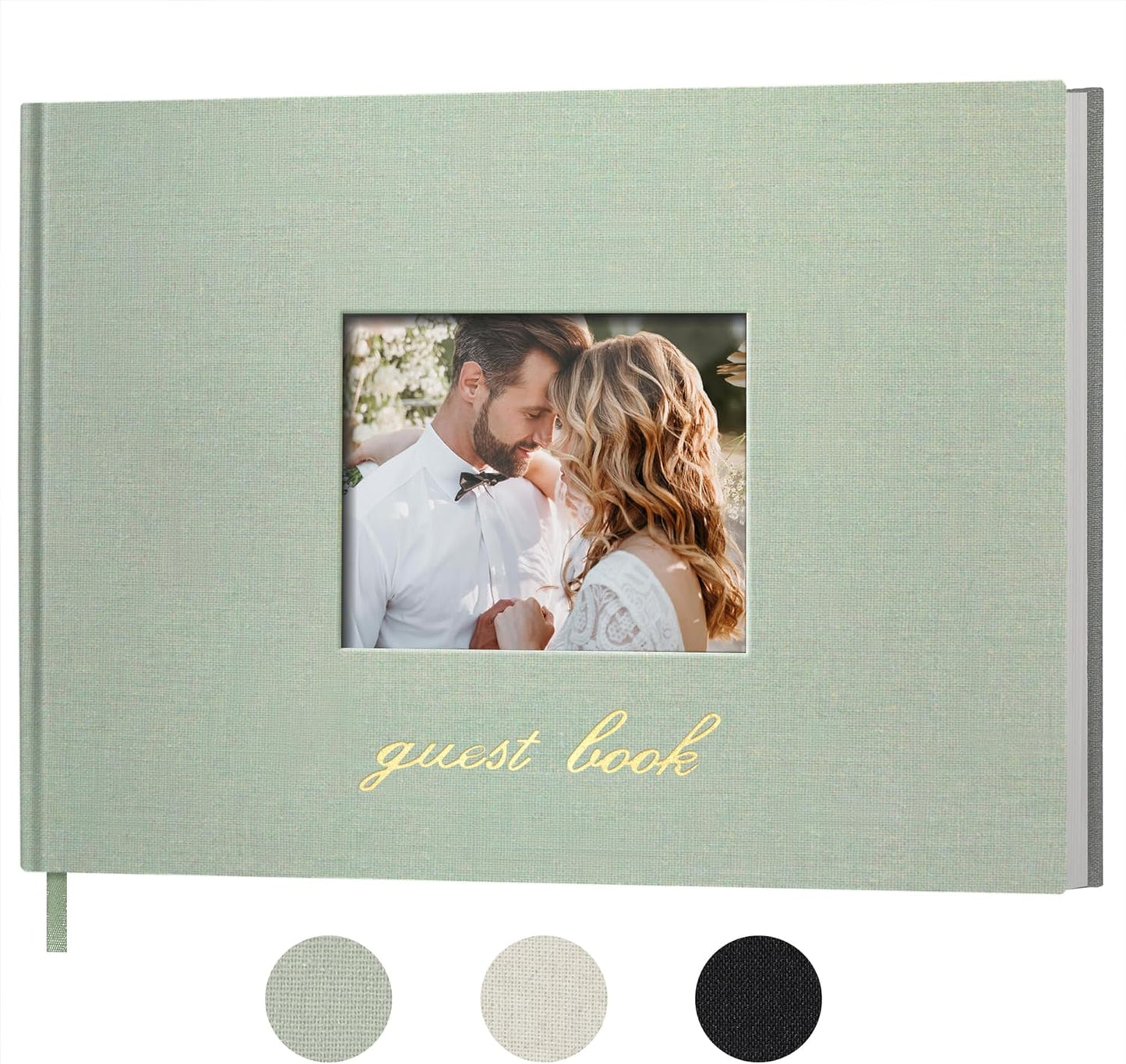 SUNEE Wedding Guest Book - Polaroid Guest Book Weddings Reception, Linen Cover 7" x 9" Guest Book for Baby Shower, Birthdays and Special Events, 100 Blank Pages for Wedding Sign in and Photos, Green