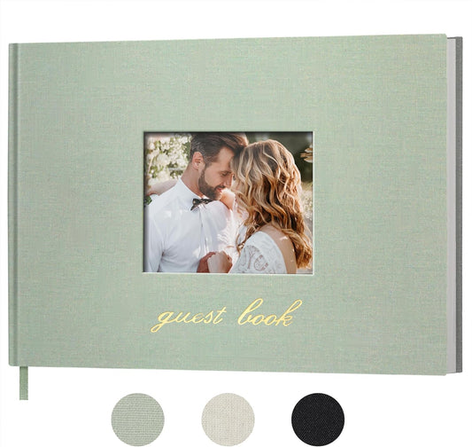 SUNEE Wedding Guest Book - Polaroid Guest Book Weddings Reception, Linen Cover 7" x 9" Guest Book for Baby Shower, Birthdays and Special Events, 100 Blank Pages for Wedding Sign in and Photos, Green