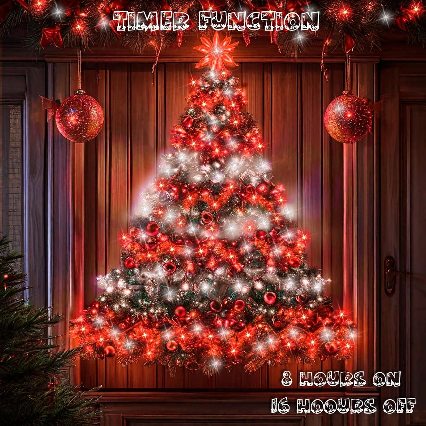 66Ft 200 LED Fairy Lights Plug in, Waterproof String Lights Outdoor & Indoor 8 Modes Christmas Lights Bedroom Decor, Timer Twinkle Lights for Bedroom Party Christmas Decorations (Red and Cool White)