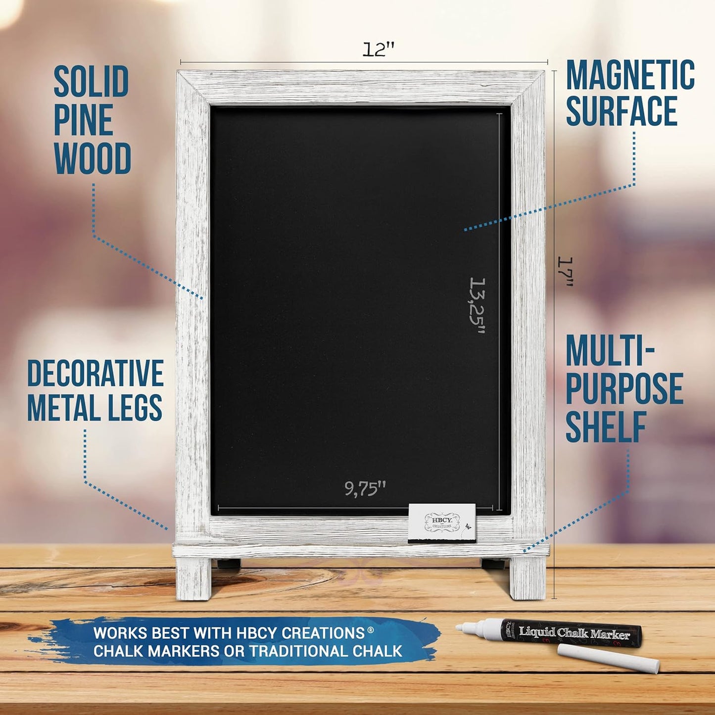 Rustic Whitewash Tabletop Chalkboard Sign/Hanging Magnetic Wall Chalkboard/Small Countertop Chalkboard Easel/Kitchen Countertop Memo Board / 12" x 17" in. Weddings, Birthdays, Baby Announcements