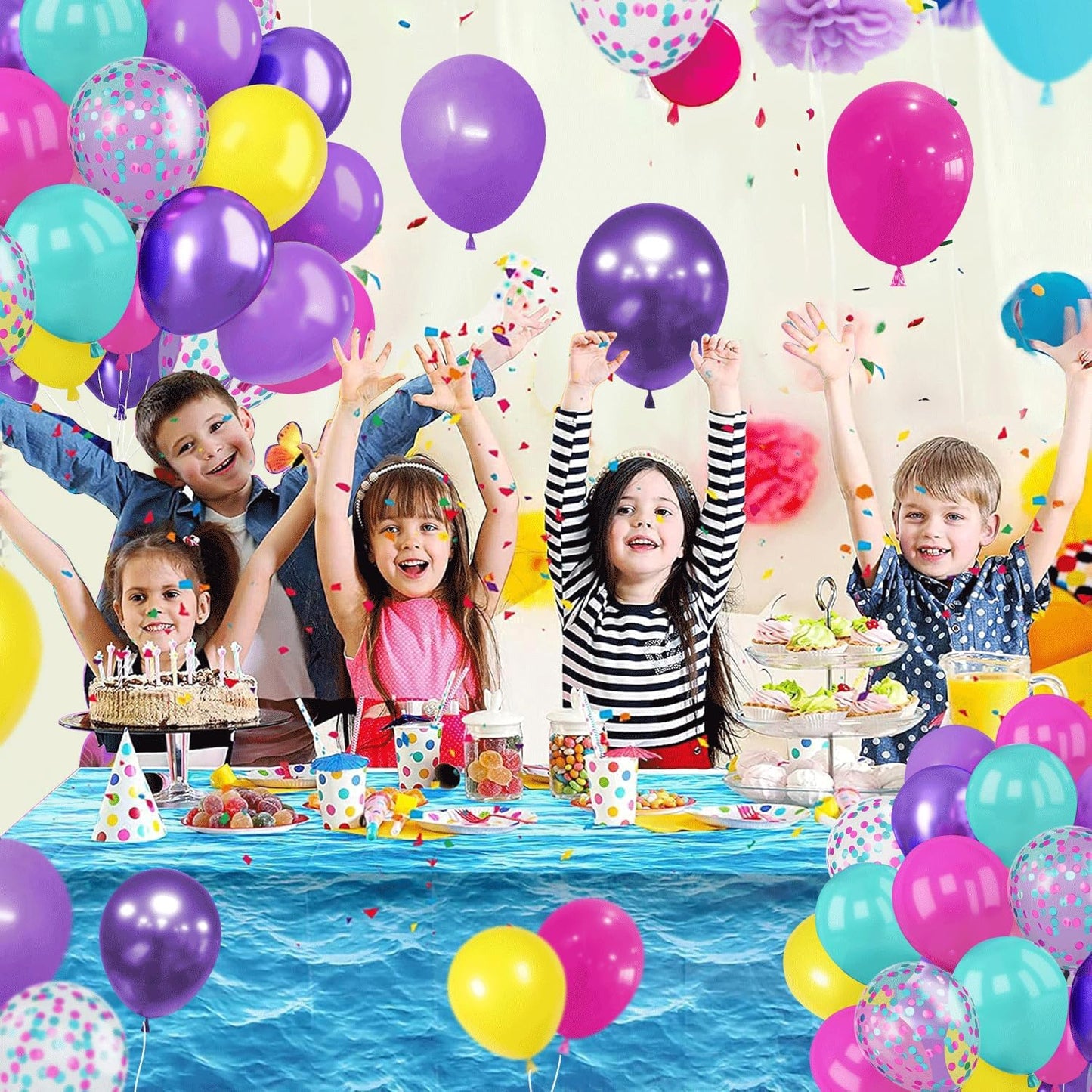 Pink Blue Purple Balloons, 50 Pcs 12 Inches Hot Pink Metallic Purple Teal Yellow Balloons Confetti Balloons for Birthday Kids Theme Decoration Brida Shower Engagement Party Supplies